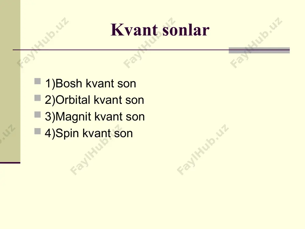 rama qarshi holda bo’lsa ular antiparallel (↑↓) spinli bo’ladi. pauli prinsipiga binoan bitta orbitalda ko’pi bilan ikkita elektron joylashadi. orbitalda yagona elektron bo’lsa yarim to’lgan pog’onacha deb ataladi. ↑ ↑ ↑ ↑ ↑ ↑ ↑ ↑ ↑ har bir orbitalda 2 ta juft qarama qarshi spinli elektron joylashgan bo’lsa,to’lgan pog’onacha orbitallar deb ataladi ↑↓ ↑↓ ↑↓ ↑↓ ↑↓ ↑↓ ↑↓ ↑↓ ↑↓ klechkovskiy qoidasi pog’onachalarda elektronlarini to’lib borish tartibini klechkovskiy qoidasi asosida aniqlanadi. elektron orbitallarning elektronlar bilan to’lib borish tartibi bosh va orbital kvant sonlar yig’indisi bilan aniqlanadi. klechkovskiyning ikkita qoidasi bor. 1)elektron pog’onachalarning elektronlar bilan to’lib borish tartibi bosh va orbital kvant sonlar yig’indisi qiymati ortib borishi tartibida bo’ladi. 2) agar bosh va orbital kvant sonlarning yig’indisi teng bo’lsa,bosh kvant soni ortib borishi tartibida joylashtiriladi. hund qoidasi hund qoidasi – atomda elektron spinlari yig’indisi maksimal qiymatga ega bo’lganda atom elektron afzalli. orbitallarda elektronlar joylashishini pauli prinsipi,elektronlarni qobiqchalarda joylashishini klechkovskiy …