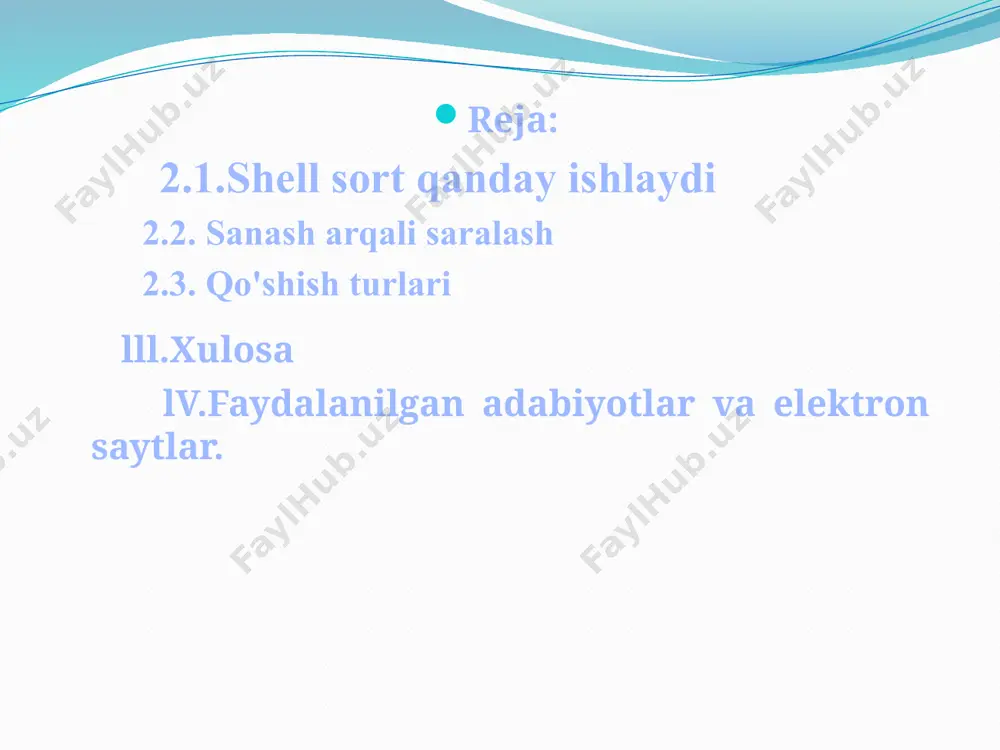qiymatlari 0..105 intervalga tegishlibo’lsa. sanash orqali saralash uchun yordamchi massiv ochamiz, bu massiv har bir sondan qancha borligini saqlab turadi. har bir songa kelganda uning sonini oshirish uchun yordamchi massivdan shu indeksning qiymatini 1 ga oshiramiz. keyin har bir 0..105 indekslarni birma-bir ko’rib busondan necha marta uchragan bo’lsa shuncha marta chiqaramiz.bunday saralash usuli massiv elementlarining maksimal qiymati massiv o’lchamiga nisbatan kichik bo‟lganda ancha effektiv bo’ladi. ishlash vaqti o(n+max) qo’shimcha xotirasi o(max); ko'pbosqichli saralash va ketma-ket saralash. namuna olish hayotning eng muhim tomonlaridan biridir. namunalarni har biridan tortib, hukumatgacha va kichik bir jamoadan tortib to yirik sanoatgacha talab qilinadi. namuna tanlash kelajakka ta'sir ko'rsatadigan qarorlarni qabul qilish uchun foydalanilgan natijalarni taqdim etadi. 2.3.qo’shish turlari qo'shish turlarining umumiy mohiyati quyidagicha: massivning tartiblanmagan qismidagi elementlarni takrorlang. har bir element massivning tartiblangan qismiga bo'lishi kerak bo'lgan joyida kiritiladi. ya'ni, kiritish tartiblari har doim massivni 2 qismga ajratadi - tartiblangan va tartiblanmagan. har qanday element …