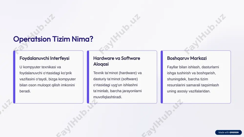 qiladi va uzoq vaqt davomida qayta yuklashsiz ishlay oladi, bu serverlar uchun ideal. viruslarga chidamlilik ochiq kodli tuzilishi va xavfsizlikka yo‘naltirilganligi sababli viruslar va zararli dasturlarga kamroq moyil. keng dasturiy paketlar minglab bepul va pullik dasturlar, shuningdek, unix tizimlariga asoslangan kuchli vositalar mavjud. 6 linuxning kamchiliklari o‘rganish qiyinligi: yangi foydalanuvchilar uchun dastlab biroz murakkab tuyulishi mumkin, ayniqsa boshqa otlardan o‘tishda. konsol buyruqlari: ba’zi vazifalar uchun konsol buyruqlaridan foydalanishni talab qilishi mumkin, bu esa ba’zi foydalanuvchilar uchun noqulaylik tug‘diradi. drayver yetishmasligi: ba’zi zamonaviy yoki kam uchraydigan qurilmalar uchun drayverlar (qo‘shimcha dasturlar) topish qiyin bo‘lishi mumkin. o‘yinlar va maxsus dasturlar: ba’zi mashhur o‘yinlar yoki maxsus professional dasturlar linuxda mavjud emas yoki ularni ishga tushirish uchun qo‘shimcha sozlamalar talab etiladi. 7 operatsion tizimlar hayotimizda 1 asosiy boshqaruvchi ular kompyuterlar, smartfonlar, serverlar va hatto aqlli uy jihozlarining asosiy boshqaruvchi tizimidir. 2 raqamli poydevor internetda sayohat qilish, o‘yin o‘ynash, ish dasturlarini ishga tushirish – bularning …