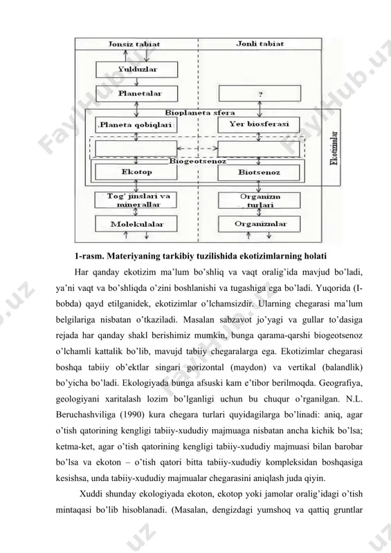 a chetki effekt nomi bilan ma’lum. ekoton turlar chegarasi nafaqat ekotizimlarni ajratadi, balki ularni o’ziga xos birlashtiradi. katta ierarxik sathlarni tashkil topishida bog’lovchi tugun bo’lib qatnashadi. o’rmoncho’lni o’rmon va cho’l ekotizimlar oralig’idagi global ekoton sifatida qarash mumkin. vertikal chegaralarni ajratish murakkabroq. masalan, ba’zi mualliflar (a.r. reytyum, k.n. dyakonov va boshq.). geomajmualar yuqori chegarasining holatini, ularning toksonomik darajasi bilan to’g’ridan-to’g’ri bog’liq deb hisoblashadi. boshqa mualliflarning (masalan, a.g. isachenko) ko’rsatishicha, ko’pgina atmosfera hodisalari (bulutlilik, yoginlar va boshq.) qaysi balandlikda shakllanishiga bog’lik bo’lmagan holda, biogeotsenozda ham yuqori darajadagi toksonlarda ham teng ko’rsatkichda tavsiflanadi. n.l. beruchashvili bo’yicha biogeotsenozning yuqori chegarasi eng baland daraxtlar uchi bilan aniqlanadi. mualliflarning fikricha, bu biogeotsenoz, biotsenoz yig’indisi deb tushunilib, tashqi muhit qayta shakllanishi (o’zaro ta’sir), ko’proq (bu holda havo massasi) o’simlik qatlamlarida seziladi. quyi chegarani belgilashda umumiy tushuncha yo’q. m.a. glazovskiy quyi chegarani o’simliklar tizimi ildizlarining asosiy qismi joylashgan (99% ko’proq) quyi sathdan o’tkazishni tavsiya qiladi. boshqa mualliflar esa, …