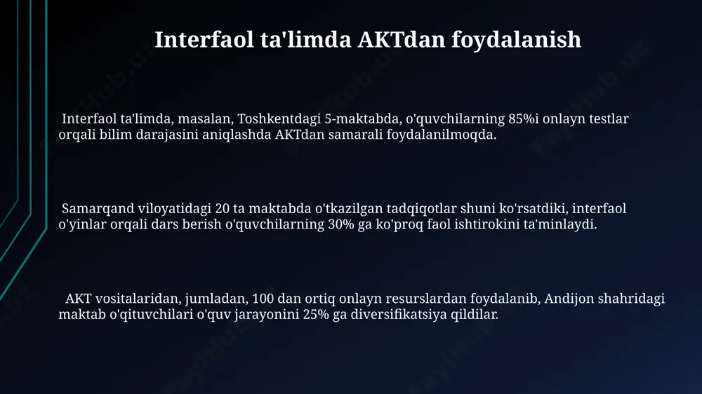 ni berdi. onlayn ta'limda 2023-yilda o'zbekistonning 10 ta oliygohi 5000 dan ortiq talabaga masofaviy o'qitishni ta'minlash uchun akt infratuzilmasini rivojlantirdi, bu esa o'quv jarayonining samaradorligini oshirdi. 2024-yilga kelib, andijon viloyatida 150 ta maktabda interaktiv doskalar va onlayn resurslarga kirish imkoniyati ta'minlanishi kutulmoqda, bu esa o'quvchilarning bilim olish sifatini sezilarli darajada yaxshilaydi. zamonaviy ta'limda aktning roli va ahamiyati o‘zbekistondagi 300 ga yaqin oliy o‘quv yurtlarida aktdan foydalanish, masalan, onlayn sinovlar va masofaviy ta'lim orqali ta'lim sifatini oshirishga va talabalarning bilimlarini chuqurroq baholashga yordam beradi. zamonaviy ta'limda akt, xususan, 21-asr ko‘nikmalarini rivojlantirishda muhim rol o‘ynaydi, masalan, samarqanddagi 50 ta maktabda o‘quvchilarning dasturlash asoslarini o‘rganishlariga imkon beradi. akt yordamida o‘qituvchilar 1000 dan ortiq o‘quv resurslariga onlayn kirish imkoniyatiga ega bo‘lib, masalan, toshkentdagi elektron kutubxonalardan foydalanib, darslarini yanada samarali tashkil qila oladilar. e'tiboringiz uchun rahmat @taqdimot_robot