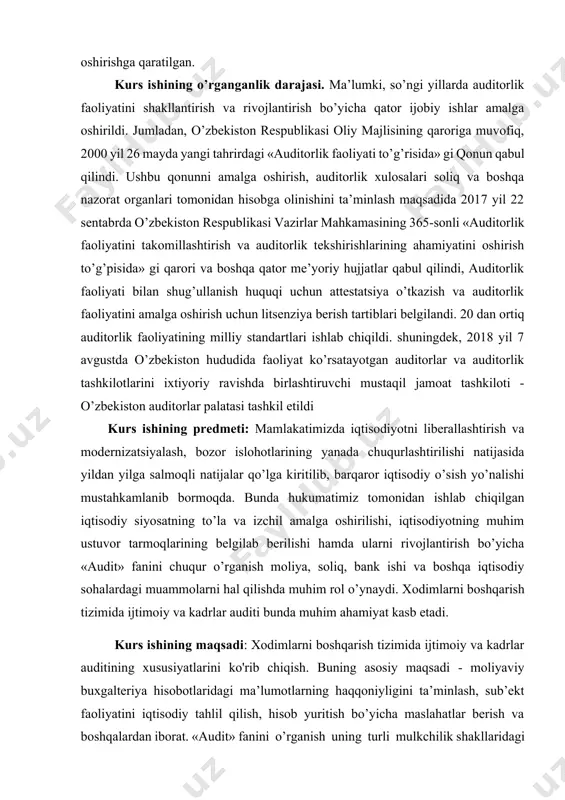 ing sabablarini diagnostika qilish, ularning ahamiyati va ularni hal qilish imkoniyatlarini baholash, tashkilotni boshqarish uchun aniq tavsiyalarni ishlab chiqishdan iborat. boshqacha qilib aytganda, ijtimoiy va kadrlar auditi ijtimoiy xavf omillarini tahlil qilish va ularning ta'sirini kamaytirish bo'yicha takliflarni ishlab chiqishdir. u tashkilotning ichida va tashqarisida yuzaga keladigan ijtimoiy muammolarni hal qilish va shaxsning mehnat faoliyatiga bevosita ta'sir ko'rsatadigan muammolarni boshqarish qobiliyatini baholashga qaratilgan. shunday qilib, ijtimoiy va kadrlar auditining maqsadi korxona boshqaruv organlarining mehnat faoliyati samaradorligini oshirish, aylanma va ishdan bo'shatishni kamaytirish, xodimlarning ishdan qoniqishini oshirish sohasidagi faoliyatini tekshirishdan iborat. hozirgi vaqtda ijtimoiy va kadrlar auditi ma'lum bir soha - mehnat munosabatlari uchun mo'ljallangan, moliyaviy yoki buxgalteriya auditiga o'xshash boshqaruv va boshqaruv vositasi, shuningdek kuzatish usuli hisoblanadi. ijtimoiy va kadrlar auditining o'ziga xosligi asosan audit ob'ektining tabiati va xususiyatiga asoslanadi, bu esa ushbu turga mos keladigan muayyan usullardan foydalanishni talab qiladi. inson resurslari sohasi asosan sifat xususiyatlariga ega, shuning uchun …