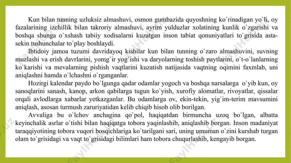 vaqti keyingi ikki ming yil davomida hatto sekundning yuzdan bir qismiga ham o`zgarmagan. demak, mazkur vaqtni o`lchash birligimiz yetarli darajada ishonchli va to`g`ri birlikdir. yer o`z o`qi atrofida qancha soatda bir marta aylanadi? 24 soat ichida desak to`gri bo`lmaydi. astronomlar odatda:yer o`z o`qi atrofida bir yulduzlar kuni (sutkasi) davomida bir marta to`liq aylanadi,- deb javob berishadi. yulduzlar kunining nimaligini to`liqroq tushunish uchun quyidagi misolni ko`rib chiqing. baland bino tepasidan turib eng ravshan porlab turgan yulduzni kuzating. sizning ko`z oldingizdagi yulduz bino orqasiga yashirinadi. shu paytda soatingiz qaysi vaqtni (aytaylik 23 soat 20 daqiqani) ko`rsatayotganligini ham belgilang. bunday kuzatishni davom ettirsangiz, siz tanlagan yulduz ertasi kuni bino orqasiga yashiringan vaqtni ( 23 soat 16 daqiqa ) aniqlang. uchinchi kun soat 23 dan 12 daqiqa o`tganda, to`rtinchi kun soat 23 dan 8 daqiqa o`tganda, beshinchi kun soat 23 dan 4 daqiqa o`tganda yashiringanligining guvoxi bo`lasiz. siz tanlagan yulduz bino orqasiga har kuni …