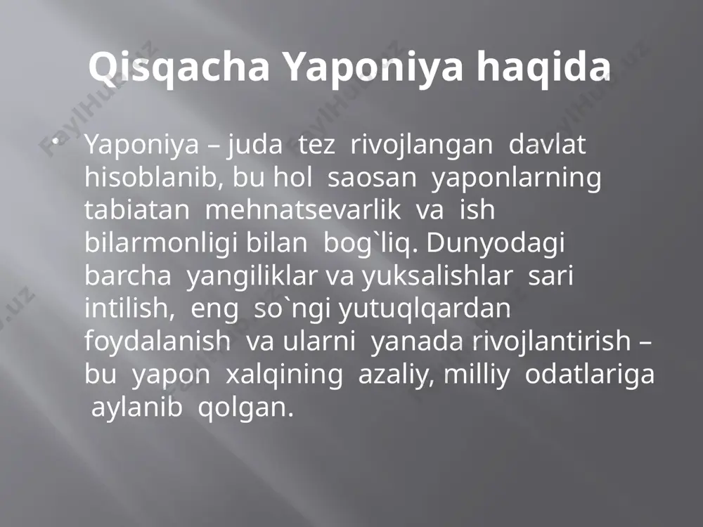 ruvchi oliy o`quv yurtlari. maktabgacha ta`lim muassasalari yaponiyada maktabgacha ta`lim muassasalarining 59,9%- xususiy, 40,8%- davlatnikidir. yaponiyada maktabgacha ta`limga katta e`tibor beriladi, chunki psixologlarning takidlashicha 7 yoshda inson bilimlarni 70% ni, qollgan 30%ni butun hayoti davomida o`zlashtirar ekan. boshlang`ich ta`lim tizimi boshlang`ich maktabda o`qituvchilar bolalarni tanqidga, ya`ni xulqlarini yomon tomonlarini, maktabdagi kamchilikni tanqid qilishga o`rgatishadi. bundan ko`rinib turibdiki, o`qituvchi faqat ta`lim berish bilan cheklanib qolmasdan, bolalarning har tamonlama rivojlanishiga ta`sir etar ekan. shuning uchun ham yaponiyada o`qituvchi kasbiga katta e`tibor qaratilar ekan. yaponiya rivojlangan davlatlar ichida o`qituvchining maoshi davlat rahbarlari maoshidan ham yuqori bo`lgan davlat hisoblanar ekan. majburiy ta`lim ta`limning bu pog`onasi 6 yoshdan to 15 yoshgacha bo`lgan bolalarni o`z ichiga oladi..6 yillik boshlang`ich ta`lim va 3 yillik o`rta maktab, 9 yillik majburiy ta`limni tashkil etadi va u bepul hisoblanadi. muhtoj oilalarning bolalari bepul nonushta, o`quv qurollari, tibbiy xizmat bilan taminlanadi. zarur bo`lgan hollarda ularning oilalariga moddiy yordam ko`satiladi. shu bilan …