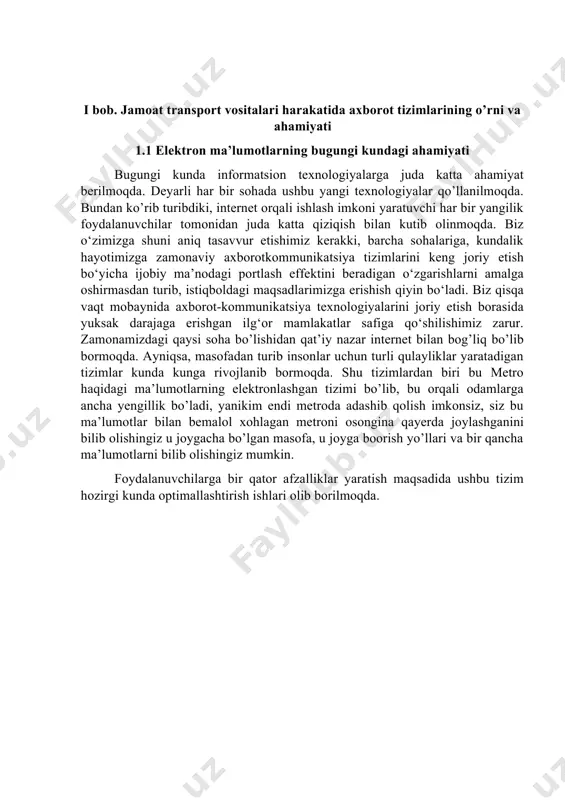 chizmada toshkent metropolitenining qurilayotgan va qurilishi rejalashtirilgan bir nechta qismlari ham ko’rsatilgan, turkiston, yunusobod, fayzulla khodjayev stansiyalari. foydalanuvchiga tushuntirish uchun bir nechta shartli belgilar ham ko’rsatilgan, qaysi liniya qaysi rangda ekanligi, qurilayotgan metro bekatlari shu jumladandir. chizmada yana metro stansiyalarining oldingi nomlari qavslar ichida ko’rsatilgan, va barcha metro bekatlari nomlari ham ko’rsatilgan. ko’rsatilib o’tilgan ilovalarda shuni kuzatish mumkinki, bu yo’nalishda hali hech kim xafsala bilan ishlamagan. bu ilovalarning kamchiliklari anchagina, deyarli ikkalasidayam bittagina funksiya mavjud, ya’ni toshkent metrosining xaritasi bo’ldi! ikkala ilova ham shunday, birgina oynadan iborat faqatgina xaritadan, to’g’ri bu bir tarafdan yaxshi, oddiygina shunday ko’rib olasiz, lekin buning ustiga funksionlliklar qo’shilsa yanada yaxshiroq bo’lar edi. 8 1.3 masalaning qo’yilishi. metro uzbekistan mobil ilovasi o’z oldiga yuqorida ko’rsatilgan kamchilik va nuqsonlarni oldini olish va foydalanuvchilarga qulaylik yaratish maqsadida yaratildi. biz ishlab chiqqan sistema quyidagi masalarni jarayonlarga bo’linadi: - elektron ma’lumotlarning bugungi kundagi dolzarbligi - mavjud tizimlar tahlili - mobil …