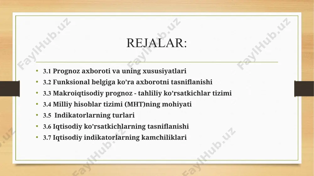 rida sodir bo‘layotgan salbiy va ijobiy jarayonlar to‘g’risida to‘liq tavsiflarni ko‘zda tutuvchi taqdim qilinayotgan axborotning yetarliligi va kompleksligi; - turli axborot bloklari va darajalari ko‘rsatqichlarining o‘zaro to‘gri kelishini ko‘zda tutuvchi taqdim qilinayotgan axborotning tizimliligi; - taqqoslanishi, ya‘ni turli ko‘rsatkichlar miqdoriy tavsiflarining bir-biriga zid bo‘lmasligi. statistik ma‘lumotlar sifatini belgilab beruvchi omillar yalpi kuzatishdan tanlab kuzatish uslubiga o’tish bilan bog’liq o‘zgarishlar; statistik hisobot va buxgalteriya hisobining yangi shakllari kiritilishi bilan bog’liq birlamchi hisobning kechiktirib bo‘lmasligi; agregatlashgan ko‘rsatkichlarni hisoblash uslubiyati; statistik ko‘rsatkichlarning iqtisodiy kategoriyaga mos kelmasligi. axborotni funqsional belgiga ko’ra tasnifi boshqarilmaydigan boshqariladigan boshqariluvchi boshqarilmaydigan axborot bu tabiiyki, xam butun iqtisodiyot uchun, xam aloxida modellar uchun to‘g’ri bo‘lgan ekzogen axborotdir. ekzogen axborot esa boshqariladigan va boshqaradigan bo‘lishi mumkin. boshqariladigan ko’rsatkich bu, uni belgilovchi omillarning o‘zgarishiga qarab kelajakda (prognozda) o‘zgarishi mumkin bo‘lgan ko‘rsatkichdir. masalan, agar aholining uzoq muddatli iste‘mol tovarlariga talabi aholi daromadlari va soliqqa tortish darajasining funqsiyasi sifatida modellashtirilsa, prognozlashtirilayotgan ehtiyoj boshqariladigan ko‘rsatkichdir. …
