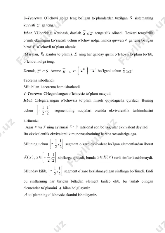 n . bu еrdan esa ya`ni va (2) (1) va (2) dan . bu to`plamning o`lchоvsizligini ko`rsatadi.