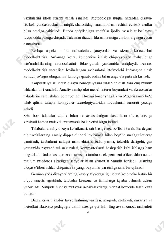 shqari erkin ravishda tajriba va eksperiment o‘tkazishlari uchun ma’lum miqdorda ajratilgan ashyolar bilan sharoitlar yaratib beriladi. ularning diqqat e’tibori ishlab chiqarish va yangi buyumlar yaratishga safarbar qilinadi. germaniyada dizaynerlarning kasbiy tayyorgarligi uchun ko‘pincha butun bir o‘quv smestri ajratiladi, talabalar korxona va firmalarga tajriba oshirish uchun yuboriladi. natijada bunday mutaxassis-bakalavrlarga mehnat bozorida talab katta bo‘ladi. dizaynerlarni kasbiy tayyorlashning vazifasi, maqsadi, mohiyati, nazariya va metodlari bauxauz pedagogik tizimi asosiga quriladi. eng avval sanoat mahsuloti ishlab chiqarishda turli ashyolar bilan ishlash va ularni o‘rganish, yangi texnologiyalarni qo‘llash, o‘quv jarayonlaridagi faol ijodkorlik, yangi konstruktorlik echimlarini izlash, narsalarning funksiyasidan kelib chiqqan holda shakl yaratish ana shular jumlasidandir. zamonaviy iqtisodiyotda talab katta bo‘lgan ko‘nikmalar turlari kognitiv ijtimoiyva xulq-atvor texnik savodxonlik va matematik ko‘nikmalar, shuningdek, yuqori darajadagi kognitiv ko‘nikmalar (masalan, mantiqiy va kreativ fikrlash) ijtimoiy- emotsionalko‘nikmalar va shaxsiy xislatlar qo‘l mehnati ko‘nikmalari vausullarni bilish, materiallar, mexanizmlar va vositalar bilan ishlash qobiliyati muammolarni hal qila olish qobiliyati, muammoni …