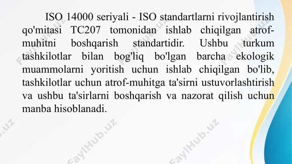 tizimi bilan tashkilotning manfaatdor tomonlari uning atrof-muhitga sezgirligi to'g'risida xabar berishadi. garchi u to'liq ko'ngillilik tamoyiliga asoslangan bo'lsa-da, tekshirishlar evropaning ekologik menejment va audit dasturi doirasida amalga oshiriladi. ushbu dastur evropa ittifoqining atrof-muhit to'g'risidagi qonunlarini mos yozuvlar sifatida qabul qilganligi sababli, standartning o'lchamlaridan biri qonuniy talablarni bajarishdir. iso 14001 ekologik qonunchilikka rioya qilgan holda tashkilotlarga muntazam ravishda vakolat berilishini kafolatlaydi. iso 14001 resurslardan yanada samarali foydalanishni istagan har qanday tashkilot uchun ishlatilishi mumkin. atrof-muhitni boshqarish tizimi sertifikatiga ega bo'lgan tashkilot o'z faoliyatining atrof-muhitga ta'sirini aniqladi, natijalarni baholadi, muammolarni nazorat qildi va atrof-muhitning ifloslanishini oldini olish ishlarini yakunladi. shu bilan birga, bu atrof-muhitni yaxshilash bo'yicha doimiy ishlarni davom ettirmoqda. atrof-muhitni boshqarish tizimining standartlari va sifat menejmenti tizimining standartlari ko'p jihatdan umumiy xususiyatlarni namoyish etadi. shu sababli, sifat menejmenti tizimini yaratgan tashkilot osongina atrof-muhitni boshqarish tizimini o'rnatishi va ikkita tizimni birlashtirishi mumkin. e’tiboringiz uchun rahmat! image2.jpeg image3.jpeg image1.jpeg
