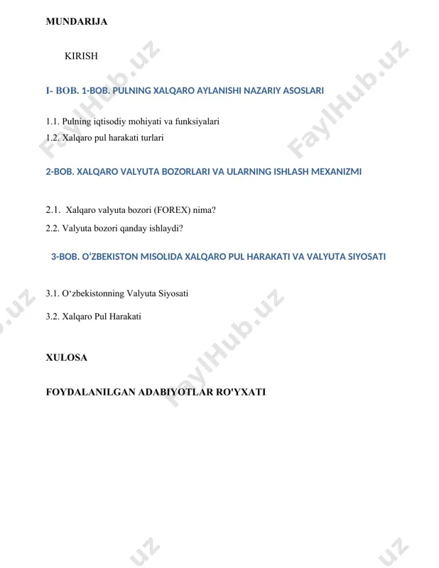 yalar, valyuta bozori, hamda transchegaraviy to‘lov tizimlarining samarali faoliyat yuritishida hal qiluvchi omil hisoblanadi. mazkur kurs ishida pulning xalqaro aylanishi, ularning iqtisodiy jarayonlarga ta’siri, xalqaro valyuta bozori ishlash mexanizmi hamda o‘zbekiston misolida ushbu jarayonlarning amaliy jihatlari yoritiladi. 1-bob. pulning xalqaro aylanishi nazariy asoslari 1.1. pulning iqtisodiy mohiyati va funksiyalari pulning xalqaro harakati – bu pul mablag‘larining bir davlatdan ikkinchi davlatga erkin yoki cheklangan tarzda ko‘chishi jarayonidir. bu harakatlar asosan savdo operatsiyalari, to‘g‘ridan-to‘g‘ri investitsiyalar, kreditlar va turli moliyaviy operatsiyalar orqali amalga oshiriladi. pulning xalqaro harakatini o‘rganish xalqaro iqtisodiyot, xalqaro moliya va valyuta siyosatining ajralmas qismi hisoblanadi. quyida “pulning xalqaro aylanishi nazariy asoslari” mavzusiga oid kurs ishining 1-bob (nazariy asoslar) qismini ko‘rib chiqamiz: pul — bu universal ekvivalent bo‘lib, u tovarlar va xizmatlarning qiymatini ifodalaydi va ayirboshlash vositasi sifatida xizmat qiladi. ularning asosiy funksiyalari quyidagilardan iborat: · ayirboshlash vositasi · to‘lov vositasi · qiymat o‘lchovi · jamg‘arish vositasi · dunyo puli xalqaro …
