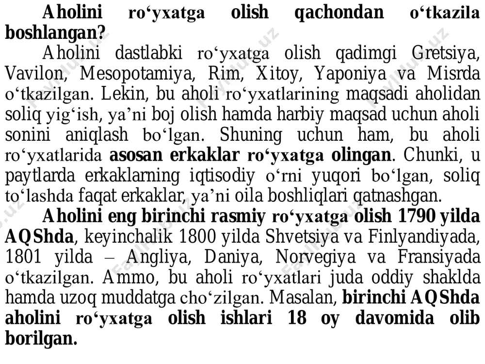 iladi. shuning uchun aholi tarkibi va sonida yuz berayotgan о‘zgarishlar iqtisodiyotga, jamiyatga, mahsulot ishlab chiqarish va iste’mol darajasiga bevosita ta’sir о‘tkazadi. lekin mahsulot barcha aholi tomonidan emas, balki mehnat resurslari, ishchi kuchi tomonidan yaratiladi. aholi mahsulot resurslarini tо‘ldiruvchi sifatida, inson esa, ishchi kuchining egasi, shaxsiy va ijtimoiy manfatlarni aks ettiruvchi sifatida yuzaga keladi. shu bois aholini boshqarish va rejalashtirish uchun, uni statistik о‘rganish lozim. statistika mehnatga layoqatlilar soni, ularni xalq xо‘jaligi tarmoqlari va sektorlari bо‘yicha taqsimlash haqidagi ma’lumotlarni beradi. aholi rо‘yxati – ilmiy asosda tashkil etilgan statistik faoliyat bо‘lib, uning maqsadi – aholi soni, tarkibi va joylashishi haqidagi ma’lumotlarni olishdan iborat. aholini rо‘yxatga olishning о‘ziga xos birinchi xususiyati – bunda mamlakatni hamma hududi qamrab olinadi, davlatning hamma aholisi, hech qanday cheklashlarga yо‘l qо‘ymay qamrab olinadi. aholi rо‘yxatini о‘tkazishning ikkinchi hususiyati – aholi tarkibi haqidagi ma’lumotlarni olish. demak, bunda aholi bо‘yicha qandaydir belgilarni aniqlab olishi mumkin. bular aholi rо‘yxatini о‘tkazish davrida …