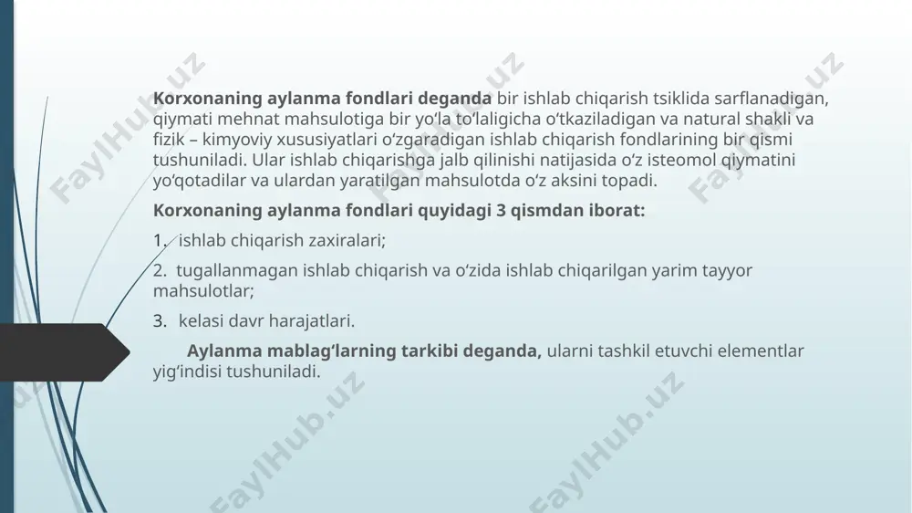 – biridan farq qiladi. aylanma mablag‘larning aylanma ishlab chiqarish fondlari va muomala fondlariga bo‘linishi ulardan mahsulot ishlab chiqarish va sotish doirasida foydalanish xususiyatlaridan kelib chiqadi. ishlab chiqarishda band bo‘lgan aylanma mablag‘lar miqdori asosan mahsulot tayyorlashdagi ishlab chiqarish tsiklining davomiyligi, texnika darajasi, mehnatni tashkil etish va texnologiyaning holati bilan belgilanadi. muomala fondlari summasi esa birinchi navbatda mahsulotni sotish st – soitlari va taominot hamda sotishni tashkil etish tizimlari darajasiga bog‘liq. o‘z aylanma mablag‘lari – korxona ixtiyorida doim mavjud bo‘lgan va o‘z resurslari evaziga (foyda va b.) shakllanadigan mablag‘lardir. harakat jarayonida o‘z aylanma mablag‘lari ish haqi to‘lashga avanslangan lekin vaqtincha bo‘sh (ish haqi bir vaqtli to‘lov bo‘lgani sababli) mablag‘lar bilan almashtirilishi mumkin. ushbu mablag‘lar o‘zinikiga tenglashtirilgan aylanma mablag‘lar deb ataladi. qarzga olinadigan aylanma mablag‘larga bank kreditlari, kreditorlik qarzlari va boshqa passivlar kiradi. korxonaning samarali faoliyati – minimal harajat qilgan holda maksimal natijalarga erishishdir. /docprops/thumbnail.jpeg
