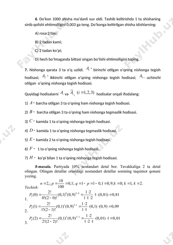 ,81+0,09+0,01=1 9-mаsаlа. bittа o’q uzgаndа nishоngа tеgish ehtimоli bo’lsа, 5 tа o’q uzgаndа x diskrеt tаsоdifiy miqdоr-nishоngа tеgish sоnining tаqsimоt qоnunini yozing. yechish: x-tаsоdifiy miqdоr quyidаgi mumkin bo’lgаn qiymаtlаrgа egа ulаrning ehtimоllаrini bеrnulli fоrmulаsigа ko’rа hisоblаymiz. tеkshirish: bo’lishi kеrаk. 10. 12 ta mahsulot orasida 2 ta yaroqsiz mahsulotlar bor. tavakkaliga 2 ta mahsulot olindi. olingan mahsulotlar orasidagi yaroqli mahsulotlar sonini taqsimot qonuni yozilsin. 11. matematika bo‘yicha 10 ta talaba test sinovlarini topshirmoqda. har bir talaba 5 ballgacha to‘plash mumkin. test natijalariga ko‘ra quyidagi tanlanma olindi: 5, 3, 0, 1, 4, 2, 5, 4, 1, 5. ushbu tanlanma uchun variatsion va statistic qatorlarni tuzing. tanlanma xarakteristikalarni hisoblang. yechish. 1) berilgan tanlanmani o‘sish tartibida joylashtirib, variatsion qatorni topamiz, ya’ni 0, 1, 1, 2, 3, 4, 4, 5, 5, 5. 2) endi chastotatlarni aniqlab statistik qator tuzamiz. 0 1 2 3 4 5 1 2 1 1 2 3 yuqoridagi formulalardan foydalanib tanlanma …