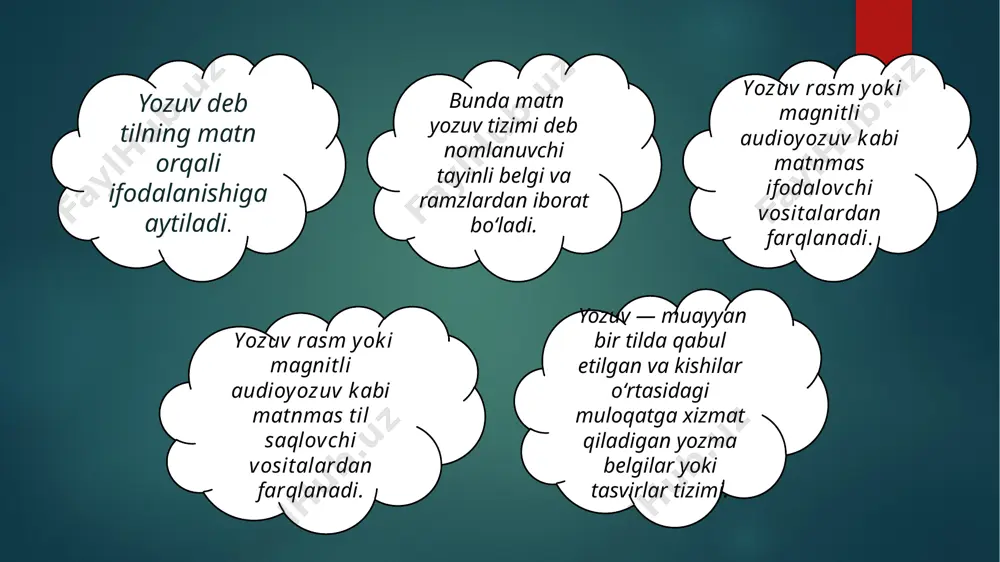odalash uchun ideogrammalar; ieroglifik yozuv haqida determinatlar — soʻz maʼnosini aniqlashtiruvchi yordamchi (talaffuz etilmaydigan) ideografik belgilar. fonografik yozuv fonografik (yun. phone – tovush, grapho – yozaman degani)44 yozuv eng mahsuldor yozuv sifatida yuzaga keldi, chunki bu yozuv tilning fonetik tomonlarini ham aks ettirishga imkon yaratdi. buning mohiyati shundaki, endi so`zlar bo`g`inlarga bo`linib, har bir bo`g`in ayrim iyeroglif yordamida ifodalangan. bu fonografik yozuv taraqqiyotining birinchi – sillabik (yun. sillabe – bo`g`in degani) bosqichi hisoblanadi. qadimgi hind yozuvi bo`lmish devanagari bunga yaxshi misol bo`la oladi fonografik yozuv, fonografiya (fono... — ... grafiya) — tilning fonetik tuzilishini, tovush tarkibini aniqroq, toʻlikroq aks ettiruvchi yozuv turi; yozuv tarixida piktografik (rasmli) va ideografik (soʻz—tushuncha) yozuvlardan keyingi bosqichdagi yozuv. ushbu yozuv belgilari (fonofammalar) soʻzning tovush elementlarini, yaʼni boʻgʻin va tovushlar (fonemalar)ni ifodalaydi; shunga karab fonografiyaning 2 turi — sillabik (boʻgʻinli) yozuv (qarang) va harf—tovush yozuvi (qarang) farkdanadi. sillabik yozuv namunasi sifatida hind yozuvi — devanagarini, harf—tovush …
