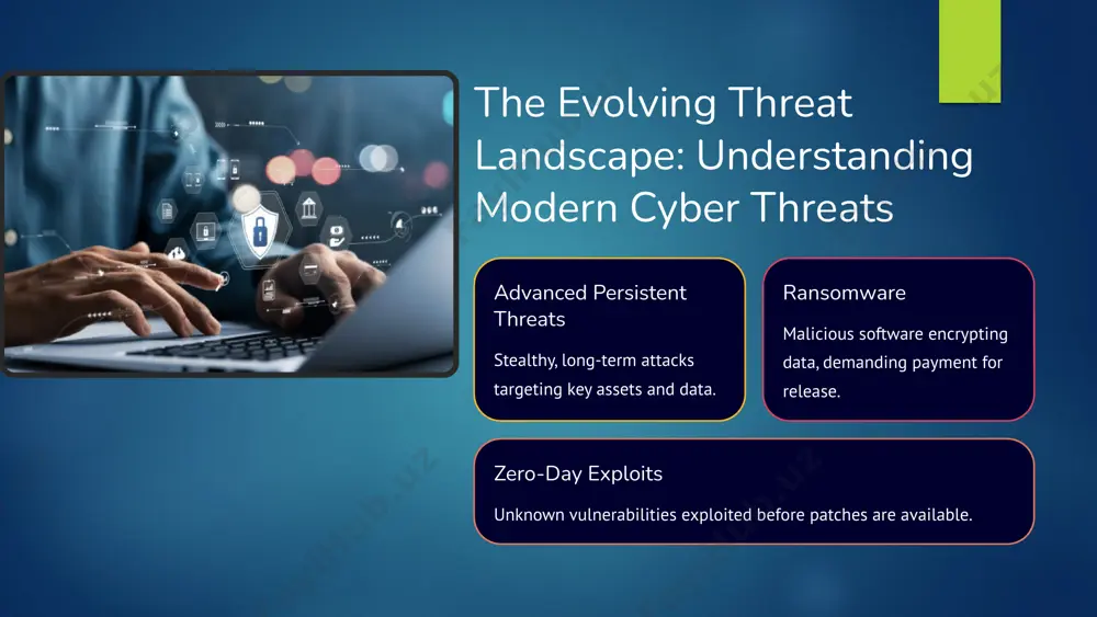access management implement least privilege principles. 2 compliance follow industry-specific security standards. 3 threat detection continuous monitoring for unusual activity. 4 8 the future of cybersecurity: emerging trends and technologies 1 ai and machine learning automate threat detection and response. 2 zero trust security verify every user and device constantly. 3 quantum cryptography prepare for next-gen encryption resistant to hacking. 9 key takeaways and next steps: strengthening your security posture understand threats stay informed about evolving cyber risks. implement controls use strong encryption, access management, and network security. train staff educate employees to recognize and report threats. prepare response develop and test incident response plans. cybersecurity is a continuous effort requiring vigilance and adaptation. 10 image6.jpeg image7.png image8.png image9.png image10.png image11.png image12.png image13.png image14.jpeg image15.jpeg image16.png image17.png image18.png image19.png image20.png image21.png image22.png image23.png image24.png image25.png image2.png image3.png image4.png image5.png