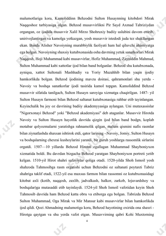 hakllangan ekan. bunda alisher navoiyning murabbiylik faoliyati ham hal qiluvchi ahamiyatga ega bolgan. navoiyning shaxsiy kutubxonasida osha davrning yetuk sanatkorlari mirak naqqosh, hoji muhammad kabi musavvirlar, hofiz muhammad, zayniddin mahmud, sulton muhammad kabi xattotlar ijod bilan band bolganlar. behzod shu kutubxonada, ayniqsa, xattot sultonali mashhadiy va yoriy muzahhib bilan yaqin ijodiy hamkorlikda bolgan. behzod ijodining mavzu doirasi, qahramonlari shu yerda - navoiy va boshqa sanatkorlar ijodi tasirida kamol topgan. kamoliddind behzod musavvir sifatida tanilgach, sulton husayn saroyiga xizmatga chaqirilgan. 1487- yil sulton husayn farmoni bilan behzod saltanat kutubxonasiga rahbar etib tayinlangan. keyinchalik bu joy oz davrining badiiy akademyyasiga aylangan. uni mutaxassislar "nigorxonayi behzod" yoki "behzod akademiyasi" deb ataganlar. musavvir hirotda navoiy va sulton husayn hayotlik davrida qizgin ijod bilan band bodgn, koplab motabar qolyozmalarni yaratishga rahnamolik qilgan, malum qismini nafis rasmlar bilan ziynatlashda shaxsan ishtirok etdi, qator larining - navoiy, jomiy, sulton husayn va boshqalarning chexrai kushoylarini yaratdi, bir guruh …