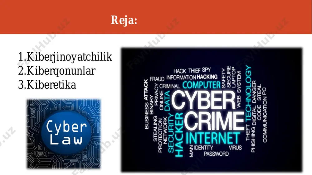 shlarga va (yoki) ulardagi axborotning ochiqligi, yaxlitligi va undan erkin foydalanilishining buzilishiga olib kelgan hodisa; asosiy tushunchalar • kiberxavfsizlik subyekti — milliy axborot resurslariga ega bo‘lish, ulardan foydalanish va ularni tasarruf etish hamda ulardan foydalanish bo‘yicha elektron axborot xizmatlari ko‘rsatish, axborotni himoya qilish hamda kiberxavfsizlik bilan bog‘liq muayyan huquqlar va majburiyatlarga ega bo‘lgan yuridik shaxs va (yoki) yakka tartibdagi tadbirkor, shu jumladan muhim axborot infratuzilmasi subyektlari; • kiberhimoya — kiberxavfsizlik hodisalarining oldini olishga, kiberhujumlarni aniqlashga va ulardan himoya qilishga, kiberhujumlarning oqibatlarini bartaraf etishga, telekommunikatsiya tarmoqlari, axborot tizimlari hamda resurslari faoliyatining barqarorligini va ishonchliligini tiklashga qaratilgan huquqiy, tashkiliy, moliyaviy-iqtisodiy, muhandislik-texnik chora-tadbirlar, shuningdek ma’lumotlarni kriptografik va texnik jihatdan himoya qilish chora-tadbirlari majmui; • kiberhujum — kibermakonda apparat, apparat-dasturiy va dasturiy vositalardan foydalangan holda qasddan amalga oshiriladigan, kiberxavfsizlikka tahdid soladigan harakat; • muhim axborot infratuzilmasi — muhim strategik va ijtimoiy-iqtisodiy ahamiyatga ega bo‘lgan avtomatlashtirilgan boshqaruv tizimlarining, axborot tizimlari hamda tarmoqlar va texnologik jarayonlar …