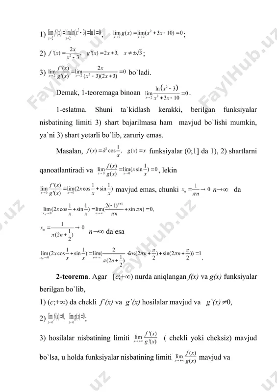 )=f(x0), pn`(x0)=f`(x0), pn``(x0)=f``(x0), ..., pn(n)(x0)=f(n)(x0) (3.4) shartlardan foydalanamiz. avval pn(x) ko`phadning hosilalarini topamiz: pn`(x)=b1+2b2(x-x0)+3b3(x-x0)2+ ... +nbn(x-x0)n-1, pn``(x)=2(1b2+3(2b3(x-x0)+ ... +n((n-1)bn(x-x0)n-2, pn```(x)=3(2(1b3+ ... +n((n-1)((n-2)bn(x-x0)n-3, . . . . . . . . . . . . . . . . . . . . . . . . . . . . . . . . . . , pn(n)(x)=n((n-1)((n-2)(...(2(1bn. yuqorida olingan tengliklar va (3.3) tenglikning har ikkala tomoniga x o`rniga x0 ni qo`yib barcha b0, b1, b2, ..., bn koeffitsientlar qiymatlarini topamiz: pn(x0)=f(x0)=b0, pn`(x0)=f`(x0)=b1, pn``(x0)=f``(x0)=2(1b2=2!b2, . . . . . . . . . . . . . . . . . . . . . . . . . pn(n)(x0)=f(n)(x0)=n((n-1)(...(2(1bn=n!bn bulardan b0=f(x0), b1=f`(x0), b2= f``(x0), . . ., bn= f(n)(x0) hosil qilamiz. topilgan natijalarni (3.3) qo`yamiz va pn(x)= f(x0)+ f`(x0)(x-x0)+ f``(x0)(x-x0)2+ ... + f(n)(x0)(x-x0)n, (3.5) ko`rinishda ko`phadni hosil qilamiz. bu ko`phad teylor ko`phadi deb ataladi. teylor ko`phadi (3.2) shartni qanoatlantirishini …