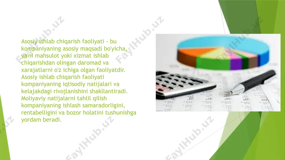 lmoqda. bu korxonaning raqobatbardoshligini oshiradi. mahsulot tarkibi korxona mahsulot turlarini diversifikatsiya qilish orqali bozor ehtiyojlarini qondirish imkoniyatlarini kengaytirmoqda. istiqbollar amalga oshirilgan yangilanish va modernizatsiya ishlarining natijasida korxona ishlab chiqarish salohiyatini yanada oshirish imkoniyatiga ega. ishlab chiqarishga sarflangan xarajatlarning tahlili 1 xomashyo sarfi xomashyo sarfi eng katta ulushni tashkil etib, ishlab chiqarish xarajatlarining 50%dan ortiqrog'ini tashkil etadi. 2 mehnat haqi mehnat haqi xarajatlari mukammal mehnat tashkiloti va mehnatni unumliligiini oshirish hisobiga kamaytirildi. 3 energiya sarflari energiya sarflari modernizatsiya loyihalarini amalga oshirish orqali kamaytirildi. ushbu tahlil korxonaning asosiy ishlab chiqarish faoliyatining moliyaviy natijalarini yaxshilash uchun muhim yo'nalishlarni aniqladi. tavsiya etilgan choralar amalga oshirilsa, korxona faoliyatining moliyaviy samaradorligi va raqobatbardoshligi yanada oshadi. image1.png image2.png image3.png image4.png image5.png image6.png image7.png image8.png image9.png image10.png image11.png image12.png /docprops/thumbnail.jpeg