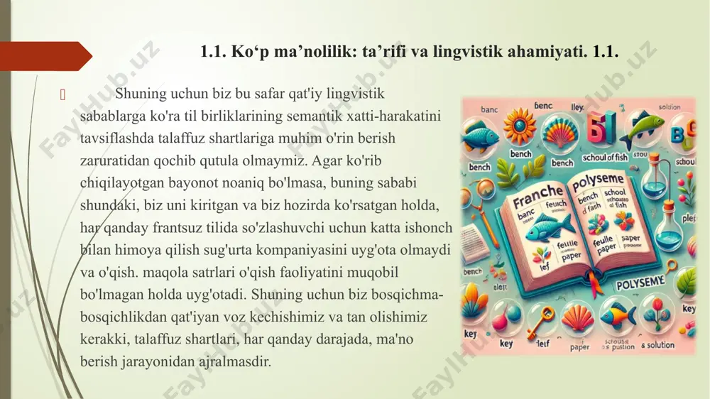 ing shakllanishi xulosa tilshunoslikning markaziy hodisasi bo'lgan ko'p ma'nolilik fransuz tilining boyligi va moslashuvchanligida muhim rol o'ynaydi. bu bir xil so'zning bir nechta ma'noga ega bo'lishi bilan namoyon bo'ladi, ular bir-biridan farq qilsa-da, ko'pincha semantik, tarixiy yoki kontekstual bog'lanishlar bilan bog'lanadi. bu hodisa tabiiy tillarda hamma joyda uchraydi va ma'ruzachilar uchun qimmatli vosita bo'lib, ularga turli xil muloqot sharoitlariga moslashishga imkon beradi. shuning uchun ko'p ma'noga ega so'zlar frantsuz tilini boyitishda markaziy rol o'ynaydi va fikrlarni aniq va nozik ifodalashga imkon beradi. ularni tasniflash va misollar orqali o'rganish inson tilining murakkabligi va moslashuvchanligini yaxshiroq tushunishga yordam beradi. nihoyat, ma’nolarning bu xilma-xilligi oddiy murakkablik emas, balki ma’ruzachilar uchun turli kontekstlarga moslashish va muloqotning boy va ijodiy shakllarini rivojlantirish imkoniyatidir. foydalanilgan adabiyotlar kaller, j. (2001). semantika nazariyasi. oksford universiteti matbuoti. lyons, j. (1995). lingvistik semantika: kirish. kembrij universiteti matbuoti. sossyur, f. de (1916). umumiy tilshunoslik kursi. payot. cruse, d. a. (2004). tildagi …