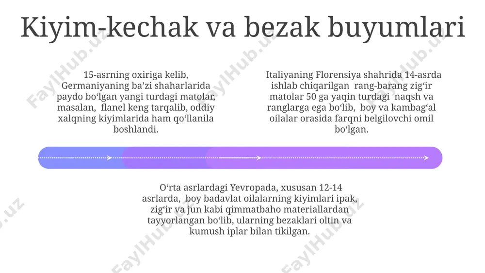 etgan. o'rta asrlarda, masalan 13-asr parijida, ko'pgina odamlar kuniga 2 marta, tongda va kechqurun, cherkov qo'ng'irog'i chaqiruvi bilan uyg'onishgan va ibodatlarga borishgan. 14-asr italiyasining qishloq joylarida, yillik 3-4 ta asosiy bayram, masalan, rojdestvo va pasxa, jamoat tadbirlari bilan, ko'p sonli odamlarni jalb qiluvchi keng ko'lamli ziyofatlar bilan nishonlangan. shahar hayoti add text add text add text add text add text add text shahar aholisining 90% dan ortig'i hunarmandlar, savdogarlar va dehqonlardan iborat bo'lib, ularning kunlik hayoti qattiq mehnat va kam daromad bilan bog'liq edi, masalan, parij kabi yirik shaharlarda. o'rta asrlarda yevropaning shaharlarida 1000 dan ortiq aholiga ega bo'lgan 20 ga yaqin yirik shahar bo'lib, ularning aksariyati germaniya va italiya hududlarida joylashgan edi. 14-asrda qora o'lim epidemiyasi yevropa shaharlarining aholisini 30-60% gacha kamaytirdi, bu esa shahar hayotiga jiddiy ta'sir ko'rsatdi va ko'plab shaharlarning rivojlanishini sekinlatdi. harbiy hayot 01 02 03 1066-yilda normanlarning angliyani bosib olishi katta miqyosdagi harbiy operatsiya boʻlib, …