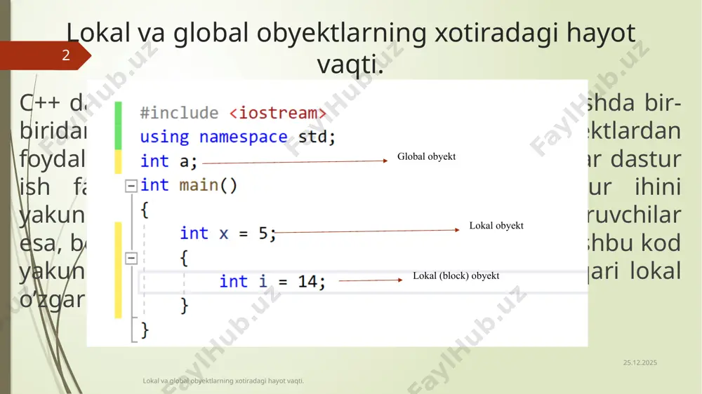 ni yangi obyektga murojat qilyapti cout using namespace std; int main() { { int n = 5; // massiv elimentlari soni int* p = new int[n] { 1, 2, 3, 4, 5 }; for (int* q = p; q != p + n; q++) { cout using namespace std; int main() { int n = 5; // massiv o'lchami int* p = new int[n] { 1, 2, 3, 4, 5 }; // massiv 1, 2, 3, 4 elimentlari bilan to'ldirildi for (int* q = p; q != p + n; q++) { std::cout #include #include using namespace std; int main() { srand(time(0)); // tasodifiy sonlarni generatsiya qilinish // ikki o’lchovli dinamik massivni yaratish float** ptrarray = new float* [2]; // massivda 2 ta ustun for (int count = 0; count using namespace std; int main() { int n; int m = 0; int c = 0; cin >> n; int** …