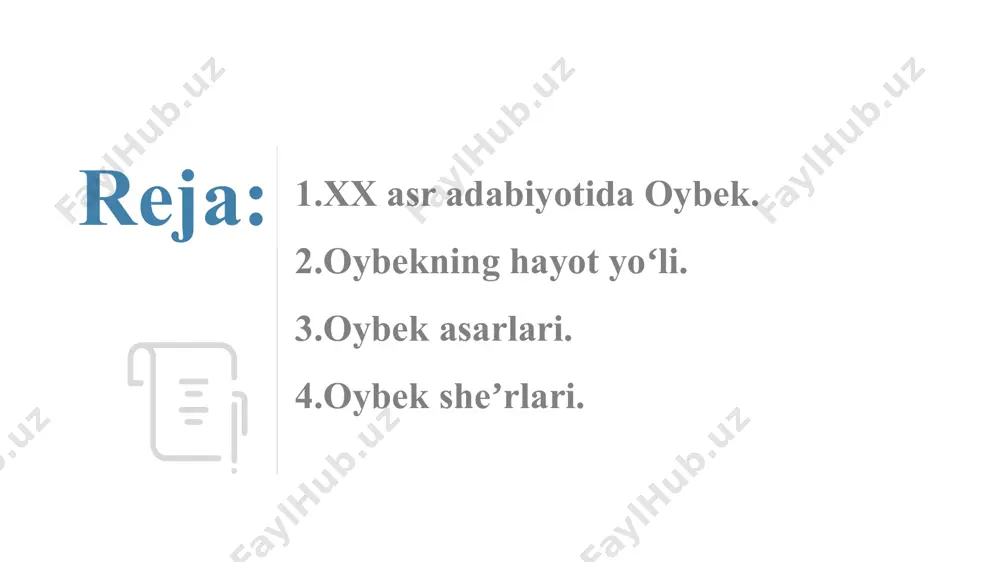 9 1 2 3 oybek adabiyotga 1926 yili chop etilgan «tuyg‘ular» she’riy to‘plami bilan kirib keladi. shoirning «dilbar davr qizi» (1931), «o‘ch» (1932), «baxtigul va sogindiq» (1933), «temirchi jo‘ra» (1933) poyemalari o‘z davrining she’riy solnomalaridandir. uning yigirmadan ortiq dostonlari bo‘lib, tarixiy, zamonaviy va xorijiy mavzularda yaratilgan. 9 10 chinakam shoirlar dunyoga boqar ekan, boshqalar payqamagan narsalarni payqab, anglamagan haqiqatlarni anglab, his etmagan tuyg'ularni his etmoqqa qodir bo'ladilar. xususan, mazkur she'rda ham oddiygina manzara - tog'da gullagan bir tup na'matakka boqib, shoirning dilidan o'tgan kechinmalar, u topgan badiiy kashfiyot - betakror go'zallikni ko'rib hayratda qolmaslikning iloji yo'q. na'matak 10 nafis chayqaladi bir tup na'matak yuksakda, shamolning bеlanchagida, quyoshga ko'tarib bir savat oq gul, viqor-la o'shshaygan qoya labida, nafis chayqaladi bir tup na'matak… mayin raqsiga hеch qoniqmas ko'ngil, vahshiy toshlarga ham u bеrar fusun. so'nmaydi yuzida yorqin tabassum, yanoqlarni tutib oltin bo'sa-chun quyoshga tutadi bir savat oq gul! 12 oybek uchun ijod …