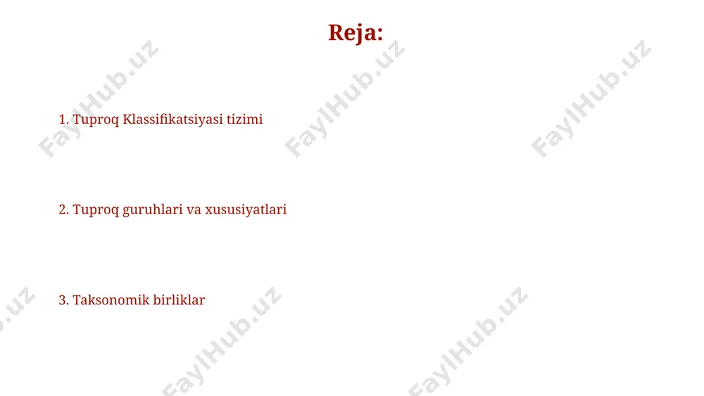 ori (1% dan kam yoki 20% dan yuqori) va tuproqning tuzilishi (masalan, qumloq, gil yoki o'rta tuproq) kiradi. tuproq gorizontlari va ularning xususiyatlari a gorizonti, yoki yig'ish gorizonti, 10-30 sm qalinlikda bo'lib, mineral zarrachalar, organik moddalar va tuproq faunasi bilan boyitilgan. uning tuzilishi ko'pincha donador yoki to'xtovsiz bo'ladi. b gorizonti, yoki cho'kma gorizonti, a gorizontidan yuvilib tushgan minerallar va organik moddalar to'planadi, bu esa uning zichligi va rangining o'zgarishiga olib keladi, masalan, temir oksidlarining to'planishi tufayli qizil-jigarrang rang hosil bo'lishi mumkin. tuproq tasnifining amaliy ahamiyati tuproq tasnifi 12 ta asosiy taksonomik birlikni o'z ichiga oladi va bu dehqonchilikda o'g'itlarni to'g'ri tanlash va hosildorlikni oshirishda muhim ahamiyatga ega. tuproqning fizikaviy va kimyoviy xususiyatlarini aniqlash orqali 70 dan ortiq tuproq guruhlarini ajratish, sug'orish rejimini optimallashtirish va eroziyadan himoya qilishda yordam beradi. tuproq turlarini aniqlash va tasniflash usullari tuproqlarning kimyoviy tarkibi, xususan, ph darajasi, organik moddalar miqdori va ozuqa elementlari tarkibi, tuproq klassifikatsiyasida …