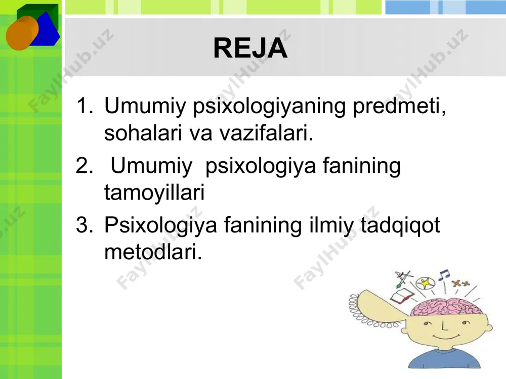 ining o'ziga xos jihatlarini o'rganadigan maxsus sohasi; - pedagogik psixologiya - kishiga ta'lim va tarbiya berishni psixologik qonuniyatlarini o'rganishni o'z predmeti deb biladi; - yosh davr psixologiyasi - turli yoshdagi odamlarning tug'ilgandan to umrining oxirigacha psixik rivojlanish jarayonini, shaxsning shakllanishi va o'zaro munosabatlari qonuniyatlarini o'rganadi; - ijtimoiy psixologiya - odamlarning jamiyatdagi birgalikdagi ish faoliyatlari natijasida ularda hosil bo'ladigan tasavvurlar, fikrlar, e'tiqodlar, hissiy kechinmalar va xulq-atvorlarini o'rganadi; - mehnat psixologiyasi - kishi mehnat faoliyati psixologik xususiyatlarini, mehnatni ilmiy asosda tashkil etishning psixologik jihatlarini o'rganadi; savdo psixologiyasi harbiy psixologiya yuridik psixologiya mehnat psixologiyasi umumiy psixologiya pedagogik psixologiya yosh davr psixologiyasi ijtimoiy psixologiya 0 metod haqida tushuncha metod (yun. "metodos" — bilish yoki tadqiqot yoʻli, nazariya, taʼlimot) — voqelikni amaliy va nazariy egallash, oʻzlashtirish, oʻrganish, bilish uchun yoʻl-yoʻriqlar, usullar majmuasi, falsafiy bilimlarni yaratish va asoslash usuli. metod turlari kuzatish anketa tajriba (eksperiment) suhbat test psixika va ong psixika yuksak darajada tashkil topgan materiyaning …