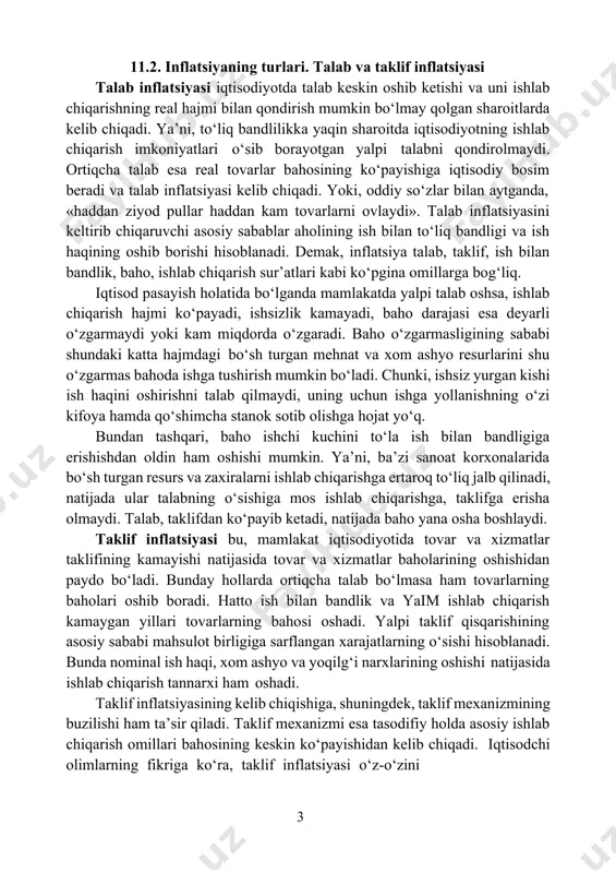 shishini hisoblash zarur bo‘lgan hollarda ham «70-miqdor qoidasidan» foydalaniladi. 11.2. inflatsiyaning turlari. talab va taklif inflatsiyasi talab inflatsiyasi iqtisodiyotda talab keskin oshib ketishi va uni ishlab chiqarishning real hajmi bilan qondirish mumkin bo‘lmay qolgan sharoitlarda kelib chiqadi. ya’ni, to‘liq bandlilikka yaqin sharoitda iqtisodiyotning ishlab chiqarish imkoniyatlari o‘sib borayotgan yalpi talabni qondirolmaydi. ortiqcha talab esa real tovarlar bahosining ko‘payishiga iqtisodiy bosim beradi va talab inflatsiyasi kelib chiqadi. yoki, oddiy so‘zlar bilan aytganda, «haddan ziyod pullar haddan kam tovarlarni ovlaydi». talab inflatsiyasini keltirib chiqaruvchi asosiy sabablar aholining ish bilan to‘liq bandligi va ish haqining oshib borishi hisoblanadi. demak, inflatsiya talab, taklif, ish bilan bandlik, baho, ishlab chiqarish sur’atlari kabi ko‘pgina omillarga bog‘liq. iqtisod pasayish holatida bo‘lganda mamlakatda yalpi talab oshsa, ishlab chiqarish hajmi ko‘payadi, ishsizlik kamayadi, baho darajasi esa deyarli o‘zgarmaydi yoki kam miqdorda o‘zgaradi. baho o‘zgarmasligining sababi shundaki katta hajmdagi bo‘sh turgan mehnat va xom ashyo resurlarini shu o‘zgarmas bahoda ishga …
