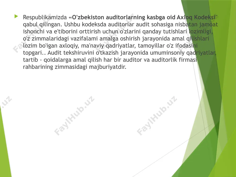 tamoillarga amal qilgan holda, halollik bilan ish yuritishiari va qaror qabul qilishlari shart jamiyat manfaatlarini ifoda etish. garchi audit tekshiruvi uchun haqni mijoz to'lasada, auditor faqatgina jamiyat manfaatlaridan kelib chiqqan holda ish ko'rishi shart. auditoming xolisligi. tekshiruv yakunida xulosa va tavsiyalar tayyorlash uchun yagona asos - yetarli miqdordagi va ishonchli ma'lumot hisoblanadi. auditoming e'tiborliligi. professional xizmat ko'rsatish jarayonida auditor o'z ishiga yuqori darajada e'tiborlilik, ehtiyotkorlik bilan yondashishi, rejalashtirish, tekshiruv o'tkazish va xulosa tayyorlash jarayonida mavjud qonunlar va standartlarga to'liq amal qilinishini ta'minlash, tekshiruvning har bir bosqichiga nisbatan yuqori darajadagi nazoratni o'rnatishi zarur. auditorning mustaqilligi. auditor umumiy mijoz korxona yoki uning rahbariyatining alohida vakillari bilan auditor mustaqilligiga ta'sir o'tkazish darajasidagi yaqin munosabatlarga ega bo'lsa, bu tekshiruvni o'tkazishdan bosh tortishi lozim. malaka imtihonini topshirish uchun talabgor quyidagi talablardan biriga javob berishi kerak: 1 oliy ma’lumotga, oliy ta’lim muassasini bitirganidan so‘ng oxirgi o‘n yil ichida kamida uch yillik audit va buxgalteriya hisobi sohasida …
