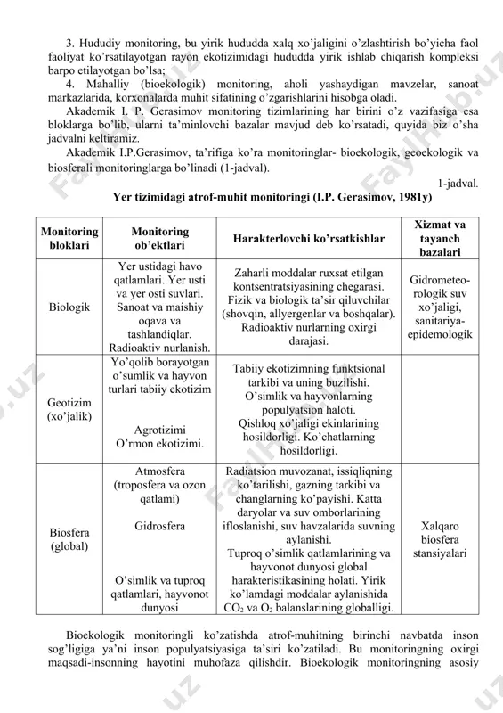 otoplar jonli organizmlar majmuasi) va planetar harakterdagi, global tizimdagi monitoringlarni o’z ichiga oladi. global tizimdagi monitoringlar bazasini kosmik va hisoblash texnikasi tashkil etadi. misol tariqasida, monitoringning mahalliy vazifasi zararkunandalar populyatsiyasining dinamikasini ko’zatish va ularni ta’qib qilib turish, jumladan katta maydondagi hashoratlarni (u yoki bu turning butun arealida), muhofaza qilinadigan hayvonlar populyatsiyasi harakatini hisobga olish. monitoring o’rmon va dala o’simliklariga hashoratlar tomonidan ko’rsatiladigan zararlarni, ularning vaqtlarini nazorat va tahlil qilish imkoniyatini beradi. ko’zatish nuqtalaridan olingan ayrim ma’lumotlar hisoblash texnikalari yordamida yaxshi tashkil qilinishi kerak. shunday qilib, ekologik monitoring har xil darajadagi zanjirlarni o’z ichiga olishi zarur, jumladan: 1. global (biosfera) moniroting, bu xalqaro hamkorlikda amalga oshiriladi. 2. milliy monitoring, bu har bir davlatning o’zida maxsus tashkil qilingan tashkilotlar tomonidan olib boriladi; 3. hududiy monitoring, bu yirik hududda xalq xo’jaligini o’zlashtirish bo’yicha faol faoliyat ko’rsatilayotgan rayon ekotizimidagi hududda yirik ishlab chiqarish kompleksi barpo etilayotgan bo’lsa; 4. mahalliy (bioekologik) monitoring, aholi yashaydigan mavzelar, …