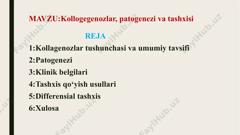 kollagenoz shakli) — bo‘g‘imlarning surunkali yallig‘lanishi. o‘ziga xos bo‘lmagan kollagenozlar bu turlar aralash belgilar bilan namoyon bo‘ladi: aralash biriktiruvchi to‘qima kasalligi (mctd) — sle, sklerodermiya va polimiozit belgilarini o‘z ichiga oladi. sistemali vaskulitlar — qon tomirlarining yallig‘lanishi (masalan, verner granulomatozi). ikkilamchi kollagenozlar ba’zi infeksiyalar yoki dori vositalari ta’sirida rivojlanadi. masalan: virusli infeksiyalardan keyingi autoimmun reaksiya. sistemali kollagenozlar (klassik shakllar) bu guruhdagi kasalliklar organizmning ko‘plab to‘qimalarini va ichki a’zolarini bir vaqtning o‘zida zararlaydi: sistemali qizil volchanka (sle): immun tizimi o‘z hujayralariga qarshi hujum qiladi. teri, bo‘g‘imlar, buyraklar, yurak va asab tizimi zarar ko‘radi. sistemali skleroz (sklerodermiya): teri va ichki organlarda biriktiruvchi to‘qimalarning qattiqlashuvi va fibroz rivojlanadi. dermatomiozit va polimiozit: asosan mushak to‘qimalari va teri shikastlanishi bilan kechadi. sharpey sindromi: revmatologik kasalliklar orasida bo‘lib, bo‘g‘imlar, teri va ichki organlar zararlanishi bilan kechadi. o‘ziga xos bo‘lmagan kollagenozlar bunda bemorda turli kollagenozlarga xos aralash belgilar uchraydi: aralash biriktiruvchi to‘qima kasalligi (mctd): sle, sklerodermiya va …