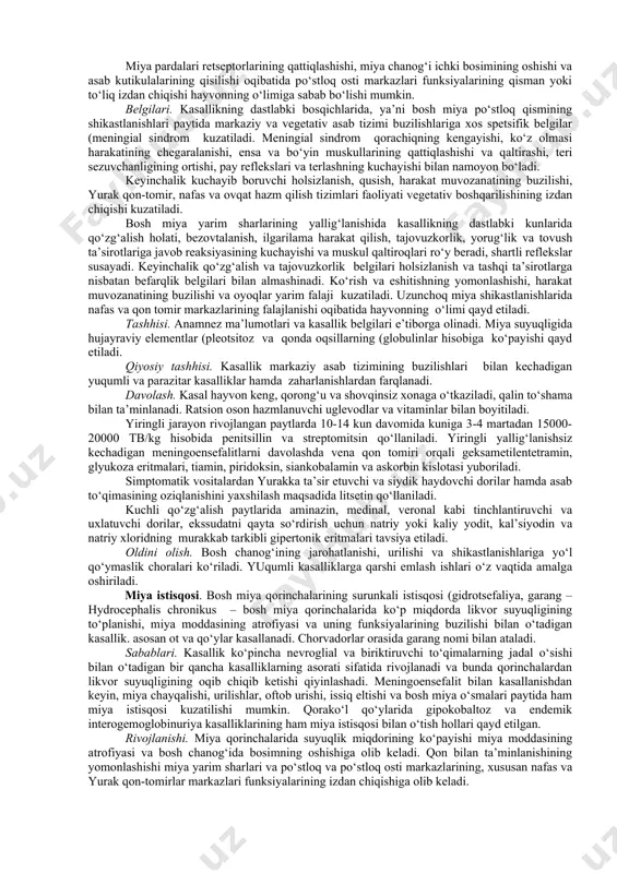 bo‘ladigan kasallik. sabablari. hayvonlarni havo harorati juda baland paytlarda yopiq va namligi yuqori bo‘lgan molxonalarda saqlash, ularni yopiq, havo almashmashinuvi ta’minlanmagan transport vositalarida tashish kasallikning asosiy sabablari hisoblanadi. semizlik, sug‘orishning etishmasligi, hayvonlarni zich saqlash, yurak qon-tomir tizimi etishmovchiliklari kasallik paydo bo‘lishini tezlashtiruvchi omillar hisoblanadi. rivojlanishi. havo harorati va namlikning yuqori bo‘lishi organizmdan issiqlikning bug‘lanish yo‘li bilan chiqib ketishini qiyinlashtiradi va natijada umumiy tana haroratining ko‘tarilishi oqibatida bosh miya va o‘pkada shish paydo bo‘lishi, miya qorinchalarining likvor suyuqligiga to‘lishi hamda markaziy asab tizimi va yurak ishining buzilishiga sabab bo‘ladi. belgilari. kasal hayvonda umumiy holsizlanish va bezovtalanish, qorachiqning kengayishi, chanqoq va terlashning kuchayishi, nafasning tezlashishi va zo‘riqishi, yurak urishlarining qattiq eshitilishi, ikkinchi tonning kuchayishi, pulsning tezlashishi, tana haroratining 1-2 os ga ko‘tarilishi kuzatiladi. keyinchalik, markaziy asab tizimi va yurak ishining buzilishi belgilari, xususan, organizmning tashqi ta’sirotlarga javob reaksiyasining butunlay yo‘qolishi, reflekslarning kuchsiz namoyon bo‘lishi yoki yo‘qolishi, muskullar tonusining pasayishi va fibrilyar qaltirashi, …