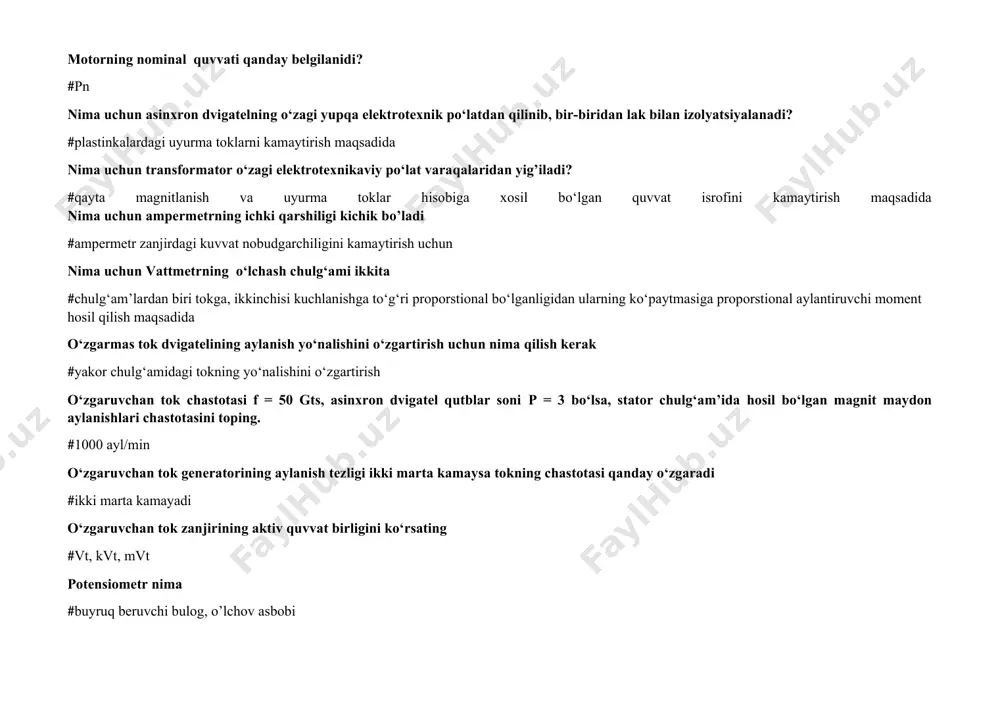 ov asboblaridan qaysi birining yordamida kuchlanish, o‘lchanadi #voltmeter quyidagi parametrlarga ega bo‘lgan dvigatelning magnit maydoniningaylanish chastotasi va rotorning aylanish chastotasini aniqlang p = 4, f = 50gts, s = 0,04 #n0=750 ayl/min nn=720 ayl/min reaktiv quvvatni qoplashnig necha xil usuli mavjud #ikki xil rekuperativ tormozlanish qachon yuzaga keladi #sinxron tezlik 0 dan katta bo‘lganida yuzaga keladi salt ishlash paytida dvigatelning fik necha foiz bo‘ladi #0 % stanoklar uchun maxsus yangi 4pf seriyadagi dvigatellarning nominal aylanishlar soni necha ayl/min bo‘lishi kerak #2850 ayl/min teskari ulanish tormoz rejimi necha xil usulda amalga oshiriladi #ikki tiristorli o‘zgartirgich – motor» tizimining asosiy afzalliklari #hamma javob to‘g‘ri bo’ladi tiristorli o‘zgartirgich – motor» tizimining asosiy kamchiliklari #reversiv boshqariluvchi to‘g‘irlagich ikki tiristorli komplektlardan iborat bo‘lishi shartligi to‘la quvvat birligi qanday #va, kva tranzistorli “razmer 2m–5” elektr yuritmasi asosan qanday qisimlardan tuzilgan #ikkita uzatma va bitta bosh xarakat yuritma tristorning vazifasi nimadan iborat #o‘zgaruvchan tokni to‘g‘rilash uch fazali …