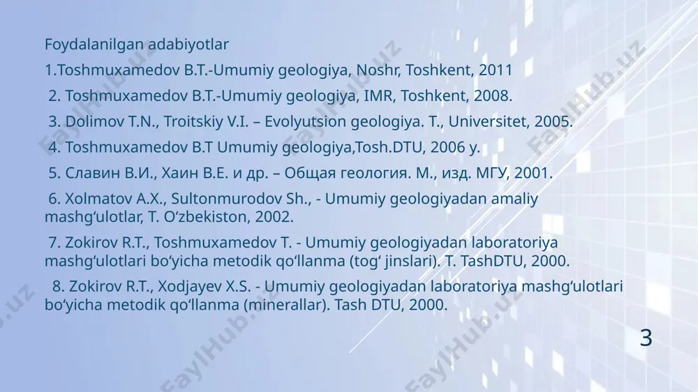 gʻovakliligi bilan aniqlanadi. magmatik togʻ jinslarida gazli boʻshliklar miqdori 60 — 80% ga yetadi (mas., pemza va pemza tuﬂari). choʻkindi togʻ jinslarida choʻkindi hosil boʻlish jarayonida gʻovakchalar vujudga kelib, sementlanish vaqtida berkilishi yoki saklanib qolishi mumkin. metamorﬁk togʻ jinslarida gʻovakchalar kam buladi, faqat yoriklar (darzliklar) boʻlib, ular jinslar soviyotganda paydo boʻladi. togʻ jinslarining zichligi ularning gʻovakligi va mineral tarkibi bilan bogʻliq. rudali minerallar yuqori zichlikka ega (mas., piritda — 5000 kg/m3 gacha, galenitda 7570 kg/m3gacha); choʻkindi togʻ jinslari minerallarining zichligi kam (mas., tosh tuzining zichligi 2,2 g/ sm3). togʻ jinslarining issiklik sigʻimi, xajmning issiklikdan kengayish koefﬁtsenti va boshqa birinchi galda ularning mineral tarkibi bilan aniklanadi. togʻ jinslarining mustahkamlik, taranglik xususiyatlari issiklik va elektr utkazuvchanligi, asosan, jinslarning tuzilishi va ayniqsa donachalarning uzaro boglanish kuchiga bogʻliq. 6 fizik xossalari katlam tekisliklari yoʻnalishida bir xil boʻlsa, koʻndalang yoʻnalish boʻylab boshqacha boʻladi. togʻ jinslarining choʻzilishga chidash darajasi, issiklik oʻtkazuvchanlik, elektr oʻtkazuvchanlik, dielektrik va magnit …