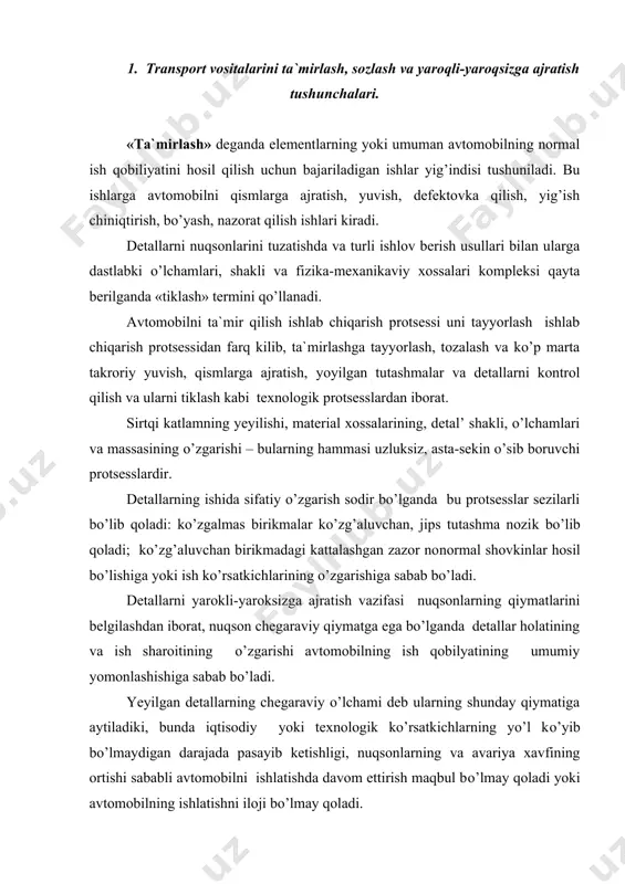 ymatiga aytiladiki, bunda iqtisodiy yoki texnologik ko’rsatkichlarning yo’l ko’yib bo’lmaydigan darajada pasayib ketishligi, nuqsonlarning va avariya xavfining ortishi sababli avtomobilni ishlatishda davom ettirish maqbul bo’lmay qoladi yoki avtomobilning ishlatishni iloji bo’lmay qoladi. dvigatel’, shassi, o’rnatma yoki tirkalma qishloq xo’jalik mashinalarining ish organlariga energiya uzatish mexanizmlari uchun detallarning chegarviy o’lchami ularning tez yeyilish ko’rsatkichi, emirilish tufayli avtomobil ishida avariya sodir bo’lishi yoki ishlamay qolishligi ehtimolligi bilan belgilanadi. ish organlarini bevosita boshqaradigan detal’ va tutashmalarda chegaraviy o’lcham yer haydash, ekish, yanchish, tozalsh va hokazo ishlar sifatining yomonlashishi bilan harakterlanadi. mashinalarning ish protsesslarini bevosita boshqaruvchi detallarning chegaraviy o’lchamlari iqtisodiy ko’rsatkichlar – quvvat, ish unumining kamayishi, yonilg’i hamda moy sarfining ortishi va hokazolarning chegaraviy kamayishi bilan belgilanadi. ammo detallarning chegaraviy o’lchamlarini belgilash ta`mirlash vaqtida ularni yaroqli-yaroqsizga ajratish uchun etarli faktor bo’la olmaydi. detallarni chegaraviy yeyilishiga qarab emas, balki ta`mir qilmasdan yo’l qo’yiladigan yeyilishga qarab yaroqsizga chiqarish kerak. bunday yeyilishning kattaligi shunday hisob bilan belgilanadiki, …