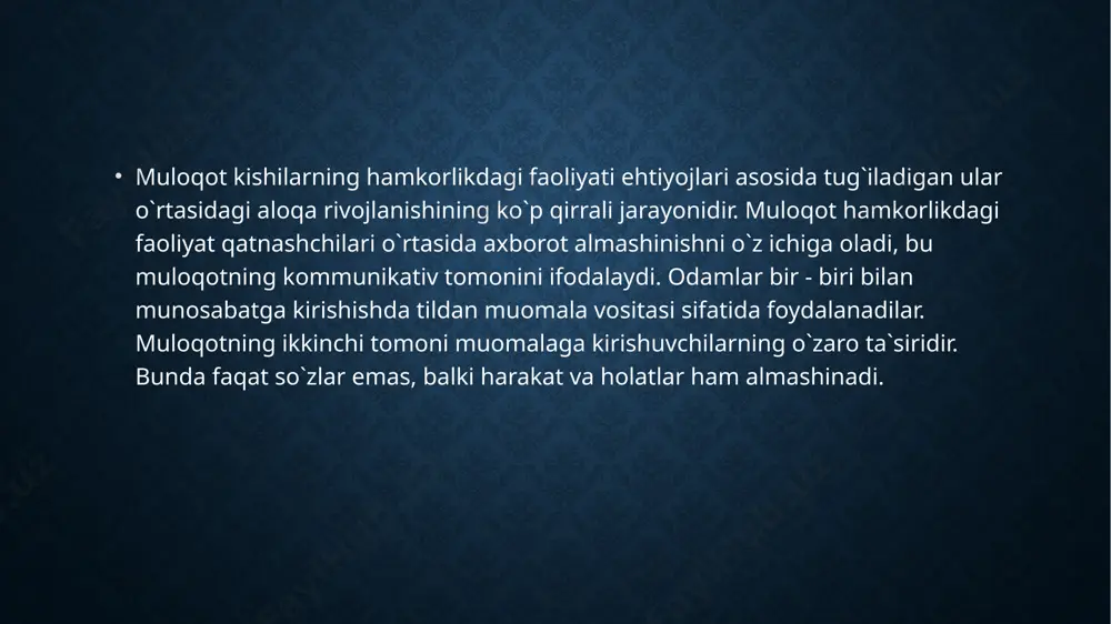 akatlari va faoliyatlarini alohida odamning harakati va faoliyatlarini 3 ta muhim omil belgilaydi. birinchidan, butun insoniyatning yoki bir muncha tor doiradagi kishilar jamoasining ijtimoiy -tarixiy tajribasi belgilaydi. kichkina bola dunyoni mustaqil ravishda bilab olmaydi, u ota - onasiga savollar beradi va ular unga javob beradilar, bu javoblardan bola o`z faoliyatini keyinchalik foydalanadigan umumiy bilimlarning faqat ozgina qismini oladi. umumiy bilimlarning bu ozginagina qismini bola til shaklida, til yordamida so`z belgilari tizimida hosil qila oladi. maktabda ham xuddi shunday bo`ladi, o`quvchi olam haqida barcha bilimlarni o`qituvchining tushuntirishidan yoki darslikdan, ya`ni til yordamida o`zlashtiradi. bu erda til o`zining muhim vazifalaridan birini bajaradigan, ya`ni yashash vositasi ijtimoiy -tarixiy tajribani berish va o`zlashtirish vositasi tarzida namoyon bo`ladi. ikkinchidan, har bir alohida odamning ish -harakati va faoliyati ko`pincha ijtimoiy qiymatga ega bo`lmagan o`zga kishilarning bevosita tajribalari belgilaydi. masalan, men oshxona tomon yo`l olaman. yo`lda o`rtog`im uchrab menga: “oshxona yopilgan”, deydi. shu paytda bu xabar mening …