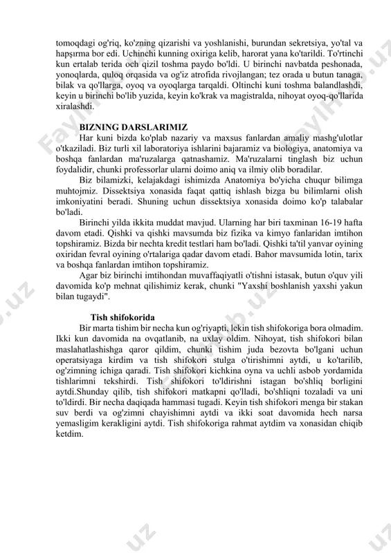 ning cho'qqisi birinchi qovurg'a sathidan 3-4 santimetr yuqoriga cho'zilgan. o'pkaning asosi diafragmaning qavariq yuzasida joylashgan. o'pkaning orqa chegaralari umurtqa pog'onasining har ikki tomonida joylashgan. oldingi chegarasi yupqa anal perikard bilan qoplangan. og'irligi inson sharoitiga qarab o'zgaradi. voyaga etgan erkakda o'pkaning og'irligi taxminan 1350 gr. o'ng o'pka chap o'pkadan taxminan 15% og'irroq. o'pkaning hayotiy sig'imi erkaklarda 3,5-4 litr, ayollarda esa 3-3,5 litrni tashkil qiladi. uch bo'lakdan iborat o'ng o'pka chapdan og'irroq, chunki ikkinchisi faqat ikkita bo'lakdan iborat. chapdagi pastki lob yuqoridan kattaroqdir. chaqaloqlarda o'pka och pushti rangga ega, ammo keyinchalik ular qorong'i bo'ladi. o'pkaning tuzilishi tashqi seroz, qobiq, plevraning visseral qatlami, pastki qator elastik to'qima va parenxima yoki o'pkaning tegishli moddasidan iborat. dieta bir kuni onam menga "salomatlik va kasallikdagi parhez" ma'ruzasini o'qidi. men uni katta qiziqish bilan tingladim. ushbu ma'ruzadagi ba'zi faktlar, menimcha, siz uchun ham qiziqarli bo'ladi, shuning uchun ularni sizga qayta aytib beraman.agar inson sog'lom bo'lishni xohlasa, u …