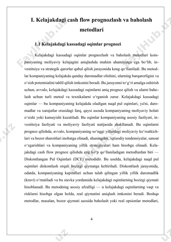 kin. shu sababdan, bu jarayonlarda ehtiyotkorlik bilan yondashish va turli ehtimollik holatlarini hisobga olish tavsiya etiladi. xulosa qilib aytganda, kelajakdagi kassadagi oqimlarni prognozlash va baholash kompaniyaning moliyaviy barqarorligini va o‘sish imkoniyatlarini aniqlashda muhim rol o‘ynaydi. bu metodlar yordamida, kompaniyalar o‘zining strategik rejalari va investitsiya qarorlarini yanada asosli va aniq qabul qilish imkoniga ega bo‘ladilar. shu bilan birga, texnologik rivojlanishlar va ehtimollik yondashuvlar bu jarayonlarni yanada samarali va ishonchli qilishga yordam bermoqda, natijada kompaniya qiymatini to‘g‘ri baholash imkoniyatlari kengaymoqda. 1.2 daromadlarni baholashda metodlar va texnikalar daromadlarni baholashda metodlar va texnikalar, kompaniyaning kelajakdagi moliyaviy salohiyatini aniqroq tushunish uchun muhim vositalardan biridir. bu jarayon, kompaniyaning kelajakdagi daromadlarini prognoz qilish va ularni baholash uchun turli metodlar va texnikalardan foydalanishni o'z ichiga oladi. ushbu metodlar yordamida investorlar va moliyaviy mutaxassislar kompaniyaning o'sish imkoniyatlarini, risklarini va qiymatini aniqlashga harakat qiladilar. birinchidan, daromadlarni baholashda asosiy tushunchalardan biri – kelajakdagi cash flow yoki kassadagi oqimlarni prognoz qilishdir. cash …