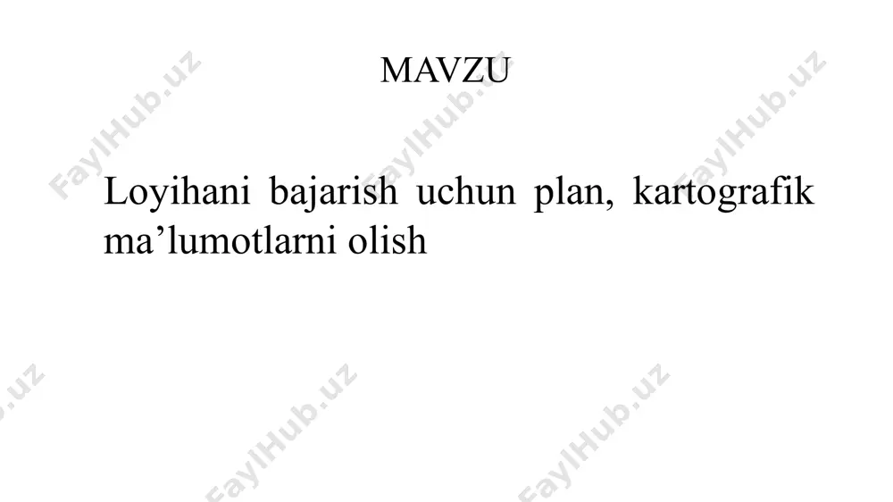 irik narsaning gorizontal kesimi yoki yuqoridan koʻrinishi, gorizontal proyeksiya, obyektning tasvirdagi oʻrni va ularning kattakichikligi plan va kartalar xaqida tushuncha. yer yuzidagi geografik ob’ektlarning kontur va chiziqlari ellipsoid yoki shar sirtiga tushiriladi, ya’ni yer yuzining gorizontal proeksiyasi hosil qilinadi, bu proeksiya ma’lum matematik qonun asosida tekislikka tushiriladi, bunda dastlab, meridian va parallellar to‘ri, ya’ni kartografik to‘r chiziladi. so‘ngra kartografik to‘r ma’lum darajada kichraytirilgan geografik ob’ektlar bilan to‘ldiriladi. demak, karta – yer yuzining ellipsoid sirtidagi gorizontal proeksiyasining qog‘ozda kichraytirilgan tasviridir. plan – yer yuzining yassi deb qabul qilingan bo‘lagining tekis satxiy yuzaga tushirilgan gorizontal proeksiyasining qog‘ozdagi kichraytirilgan tasviridir. plan bilan karta o‘rtasidagi asosiy farq: karta – yer yuzining va uning ayrim katta qismining sferik yuzaga tushirilgan proeksiyasining qog‘ozdagi kichraytirilgan tasviri; plan - esa yer yuzi kichik qismining tekislikdagi gorizontal proeksiyasining qog‘ozdagi kichraytirilgan tasviridir. planda joydagi chiziqlarning uzunligi, ob’ektlar konturlarining maydoni va yo‘nalishlar orasidagi burchaklar to‘g‘ri tasvirlanadi, kartada esa ularning tasvirida ma’lum …