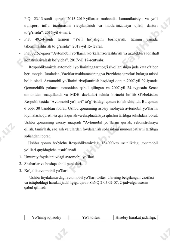 ish sohasidagi munosabatlarni tartibga solishdan iborat. ushbu qonun bo’yicha respublikamizdagi 184000km uzunlikdagi avtomobil yo’llari quyidagicha tasniflanadi. 1. umumiy foydalanuvdagi avtomobil yo’llari. 2. shaharlar va boshqa aholi punktlari. 3. xo’jalik avtomobil yo’llari. ushbu foydalanuvdagi avtomobil yo’llari toifasi ularning belgilangan vazifasi va istiqboldagi harakat jadalligiga qarab shnq 2.05.02-07, 2-jadvalga asosan qabul qilinadi. yo’lning iqtisodiy ahamiyati yo’l toifasi hisobiy harakat jadalligi, keltirilgan dona/sut xalqaro ahamiyatga molik yo’llar davlat ahamiyatiga molik yo’llar ia (avtomagistral) ib (tezkor yo’l) ii iii 14000 dan ortiq 14000 dan ortiq 6000-14000 2000-6000 mahalliy ahamiyatga molik yo’llar iv v 200-2000 200gacha 1. xalqaro ahamiyatdagi yo’llar – 3626km; 2. davlat ahamiyatidagi yo’llar – 17033km; 3. mahalliy ahamiyatdagi yo’llar – 21995km, ni tashkil etmoqda. 1. i - toifa - 2370km. 2. ii - toifa - 5363km. 3. iii - toifa – 7800km. 4. iv – toifa – 19333km. 5. v – toifa – 7788, ni tashkil qilmoqda. oxirgi yillarga o’zbekiston respublikasi avtomobil …