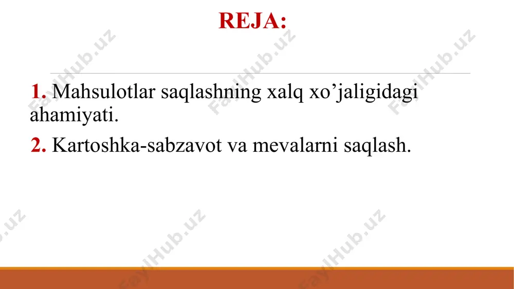 ulotlar bilan ta’minlash masalasini hal qilib bo’lmaydi. qishloq xo’jalik maxsulotlarini ishlab chiqish ko’paygani sari ularni saqlash va qayta ishlash ham takomillashtirilmoqda, yangi zamanoviy omborxonalar qurilmoqda. 9 metalli don saqlsh omborlari syalka qishloq xo‘jaligi mashinalari vaqtincha to’kib qo’yish, saralash, quritish uchun bostirma va maydonchaga ega bo’lgan zamonaviy sabzavot ombori 11 mustaqil respublikamizda yildan-yilga sabzavot va mevalar yetishtirish ortib bormoqda. sabzavot va mevalarning sifati, bir tomondan, ularning turi va naviga bog’liq bo’lsa, ikkinchi tomondan ularni terish va uzish muddatlari hamda ularni saralash, tovar holatiga keltirish, joylash, tashish, saqlash usullariga to’liq rioya qilib borishga ham bog’liqdir. bu ishlar o’z vaqtida va a’lo bajarilganda mahsulotning sifati va ta’mi yanada ortadi. mahsulotlar saqlashning xalq xo’jaligidagi ahamiyati. sabzavot va mevalarni mahsulot yetishtirilgan xo’jalikning o’zida saqlansa, ular ancha uzoq muddat saqlanadi va chirib no’bud bo’lishi 15-20 foizga kamayadi. shuni ta’kidlash kerakki, xususan o’zbekiston sharoitida meva, sabzavot hosilini yig’ishtirish, transportda tashish va saqlash masalalari hali chuqur o’rganilmagan sabzavotchilik …