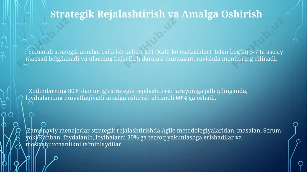 oshirish bo'yicha aniq maqsadlar va strategik rejalarni belgilab oladilar. zamonaviy menejerlar jamoa samaradorligini 20% ga oshirish uchun agile metodologiyalaridan, masalan, scrum yoki kanban dan foydalanadilar, bu esa vazifalarni tez va samarali bajarishga yordam beradi. liderlik va motivatsiya tadqiqotlar shuni ko'rsatadiki, xodimlarni ishga jalb qilishda inson omili 70% ni, moddiy rag'batlantirish esa atigi 30% ni tashkil etadi. motivatsiya tizimining 5 ta asosiy komponenti – maqsad, rag'batlantirish, tan olinish, rivojlanish va muloqot – jamoaviy maqsadlarga erishishda muhim rol o'ynaydi. zamonaviy liderlar jamoalarida samaradorlikni 30% ga oshirish uchun xodimlarni o'zlarining kuchli tomonlaridan foydalanishga rag'batlantiradigan motivatsion dasturlarni qo'llaydilar. texnologiyalardan foydalanish menejerlar ma'lumotlar tahlili vositalaridan foydalanib, xodimlar ish faoliyatini kuzatib borish, samaradorlikni baholash va kpi ko'rsatkichlarini 10% ga yaxshilash imkoniyatiga ega bo'ladi. zamonaviy menejerlar loyiha boshqaruvi dasturlari, masalan, asana yoki trello'dan foydalanib, jamoa samaradorligini 20% ga oshirishi va 15% vaqt tejashi mumkin. onlayn aloqa vositalari, jumladan, zoom yoki microsoft teams, masofadan turib ishlaydigan jamoalar bilan …