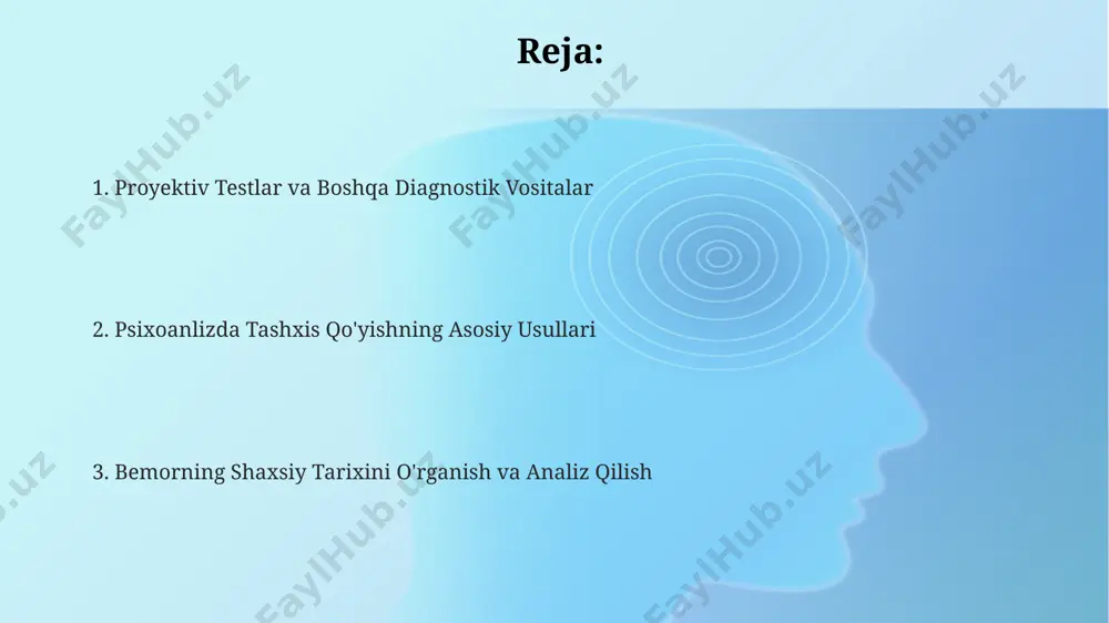 yoki 10 ta rasmlardan iborat tat testi, o'zbekistonning turli hududlarida qo'llaniladi va 80% ga yaqin aniqlikni beradi. kuzatuv va monitoring davomida psixologik holatning o'zgarishini kuzatish uchun, kamida 3 oy davomida har hafta 2 marta 5 ball shkalasi yordamida baholash o'tkaziladi, bu esa samarqandda o'tkazilgan tadqiqotlarda isbotlangan. klinik suhbat klinik suhbat jarayonida bemorning nutqi, tana tili va his-tuyg'ulari kabi 7 ta asosiy kuzatish parametrlari tahlil qilinadi va bu ma’lumotlar psixodiagnostika natijalariga qo’shiladi. klinik suhbatda bemorning 30 yoshdan oshganligi va toshkent shahrida yashashi kabi demografik ma’lumotlar, shuningdek, uning 5 yillik ruhiy tushkunlik tarixi kabi anamnestik ma’lumotlar muhim ahamiyatga ega. psixodinamik diagnostika usullaridan foydalanib, bemorning ongsiz motivatsiyalari va himoya mexanizmlarini aniqlash uchun klinik suhbatda kamida 2 soat vaqt sarflanadi. dinamik diagnostika dinamik diagnostika, 1930-yillarda avstriya va germaniyada rivojlangan, bemorning o'tmishdagi tajribalari, 3 ta asosiy shaxsiyat tuzilmasi (id, ego, superego) va himoya mexanizmlarini baholashga qaratilgan. ushbu usul, psixoanalitik suhbatlar orqali olingan ma'lumotlarni tahlil qilib, …