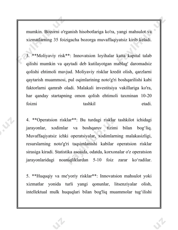 lar koʻpincha risklarni boshqarishda foydalidir. ular bozordagi narx o‘zgarishlari xavfini kamaytirishga yordam beradi. 7. riskni monitoring qilish va nazorat qilish: risklarni samarali boshqarish uchun doimiy ravishda monitoring qilish va nazorat qilish muhimdir. risklarni boshqarish strategiyalari vaqt o‘tishi bilan yangilanib, adekvat ravishda sozlanib turilishi kerak. 8. strategiyani qayta ko‘rib chiqish: har qanday risk boshqaruv strategiyasi doimiy ravishda qayta baholanib, kerak bo‘lsa o‘zgartirilishi zarur. tashkilotlar doimo o‘z faoliyatida yuzaga kelishi mumkin bo‘lgan yangi xavflarni ko‘rib chiqib, strategiyalarni shunga mos ravishda moslashtirishlari lozim. risklarni boshqarishning yuqorida sanab o‘tilgan usullari korxonalar va tashkilotlarga o‘z faoliyatlarida barqarorlikni saqlash, noaniqliklarni nazorat qilish va moliyaviy barqarorlikni kuchaytirish imkoniyatini beradi. maqsad — korxonaning uzoq muddatda muvaffaqiyatga erishishi uchun tavakkalchiliklarni eng maqbul darajada boshqarishdir. bu esa, o‘z navbatida, tijoriy maqsadlarga erishishda mustahkam poydevor yaratishga yordam beradi. 3. innovatsion loyihalarda tavakkalchilik darajasini baholash innovatsion loyihalarda tavakkalchilik darajasini baholash jarayoni moliyaviy, texnologik va bozor omillarini o'z ichiga oladi. ushbu jarayon ko'plab …