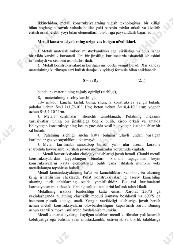 19202000 yillar davrida metall konstruksiyalarning rivojlanishiga ilmiy tadkikot loyixa institutlari uzining ijodiy ishi (sapr) bilan kup xissa kushdi. metall kurilmalari rivojlanishiga olimlardan n.s.streletskiy (1885-1967y.) ye.o.paton (1870-1953y.), n.p.melnikov va boshkalar katta xissa kushdilar. n.s.streletskiy uz ilmiy faoliyatini kuprik kuruvchilar davomchisi bulib boshlagan, keyinchalik kurilish fani va kuruvchi muxandislarni tayyorlashda juda katta xissa kushgan va birinchi bulib konstruksiyalarni statik xisoblash usulini kullagan, elastik chegaradan utgan materiallarning ishlashi tutrisida tajriba ishlarini olib borgan va nazariy asosida konstruktiv shaklning rivojlanish yulini kursatib berdi. ye.o.paton metall kuprik kurilish soxasiga uz xissasini kushgan. elektryoy bilan payvandlash usulini mexanizatsiyalash va avtomatlashtirish darajasiga yetkazishda katta xissa kushgan. «sniiproektstalkonstruksiya» institutiga kup yillar mobaynida raxbarlik kilgan n.p.melnikov metall konstruksiyalarni rivojlantirishga kup xissa kushdi. metall konstruksiyalar ishlatiladigan soxalar, va ularning uziga xos bulgan xususiyatlari xorzirgi vaktda metall konstruksiyalar turli xil bino va inshootlarni kurilishida. ishlatiladi. ayniksa, tayanch oraligi katta bulgan binolarning tom yopma konstruksiyalarini barpo etishda, baland inshootlar kurilishida va katta …