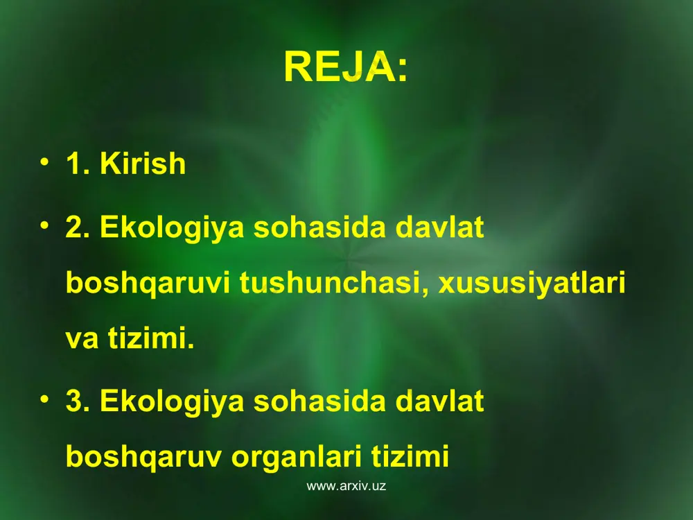 iladi. bundan tashqari, ekologiya sohasida davlat boshqaruvi organlari ham hududiy ham tarmoq bo`ysunishda shakllantiriladi, masalan, ushbu organlarning hududiy bo`linmalari respublika tarmoq organlari (tabiatni muhofaza qilish davlat qo`mitasi, qishloq va suv xo`jaligi vazirligi)ga hamda mahalliy davlat hokimiyati organlariga bo`ysunadilar; www.arxiv.uz www.arxiv.uz ekologiya masalalarini hal qilishda har tomonlama yondoshishga, ya'ni tabiiy resurslardan foydalanishni tashkil etishda ushbu foydalanishning oqilonaligi va atrof tabiiy muhitni muhofaza etishda respublika xalq xo`jaligi va aholini tabiiy resurslarga bo`lgan ehtiyojlarini qondirishni ta'minlash; www.arxiv.uz www.arxiv.uz ekologiya sohasida davlat boshqaruvini tashkil etishda tabiiy resurslardan foydalanish va nazorat qilishni ajratish, ya'ni ekologiya sohasida tabiiy resurslardan bevosita foydalanuvchilar nazorat qilish vakolatiga ega bo`lmasligida, ekologiya sohasida davlat boshqaruvi organlarini shakllantirish hamda ularni faoliyatlarini tashkil qilishda foydalanish va nazorat qilish vakolatlarini tartibga solishda ifodalanadi. masalan, qishloq va suv xo`jaligi vazirligi huzurida o`rmon xo`jaligi bosh boshqarmasi o`rmondan foydalanishni tashkil qiluvchi davlat organidir va uning korxona, tashkilotlari, o`rmon xo`jaliklari o`rmondan asosiy foydalanuvchilar bo`lib hisoblanadi. www.arxiv.uz www.arxiv.uz www.arxiv.uz …