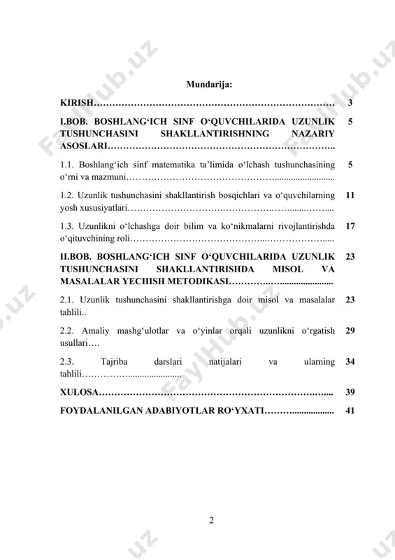 gan asosiy matematik bilim va ko‘nikmalarga, xususan, o‘lchash tushunchasini to‘g‘ri anglashiga bog‘liq. uzunlikni o‘lchash – bu faqatgina sonlar orqali ifodalash emas, balki o‘quvchining fazoviy tafakkurini shakllantiradigan, real obyektlar orasidagi o‘zaro nisbatni anglashga imkon beradigan muhim bilim sohasidir. matematika darslarida uzunlik tushunchasini to‘g‘ri shakllantirish o‘quvchilarning amaliy faoliyatida, hayotiy holatlarda, kundalik muloqotda uchraydigan masalalarni hal qilishda muhim ahamiyatga ega. masalan, buyumlar uzunligini solishtirish, ularni o‘lchash, kerakli uzunlikni aniqlash kabi faoliyatlar real hayotda keng qo‘llaniladi. shu sababli, boshlang‘ich sinflarda bu tushunchani mukammal o‘rgatish, o‘quvchilarda aniq va ishonchli bilimlarni shakllantirish muhimdir. buning uchun esa turli didaktik vositalardan, misol va masalalardan, amaliy mashg‘ulotlardan samarali foydalanish zarur bo‘ladi. kurs ishining dolzarbligi - zamonaviy ta’limda boshlang‘ich sinf o‘quvchilarida matematik tafakkurni shakllantirish muhim vazifalardan biri hisoblanadi. ayniqsa, kundalik hayot bilan bevosita bog‘liq bo‘lgan o‘lchov tushunchalarini o‘rgatish, bolalarda real voqelikni matematik tilda ifodalash ko‘nikmasini rivojlantiradi. ulardan biri bu – uzunlik tushunchasidir. uzunlik nafaqat geometriyada, balki boshqa fanlarda, hayotiy faoliyatda, …