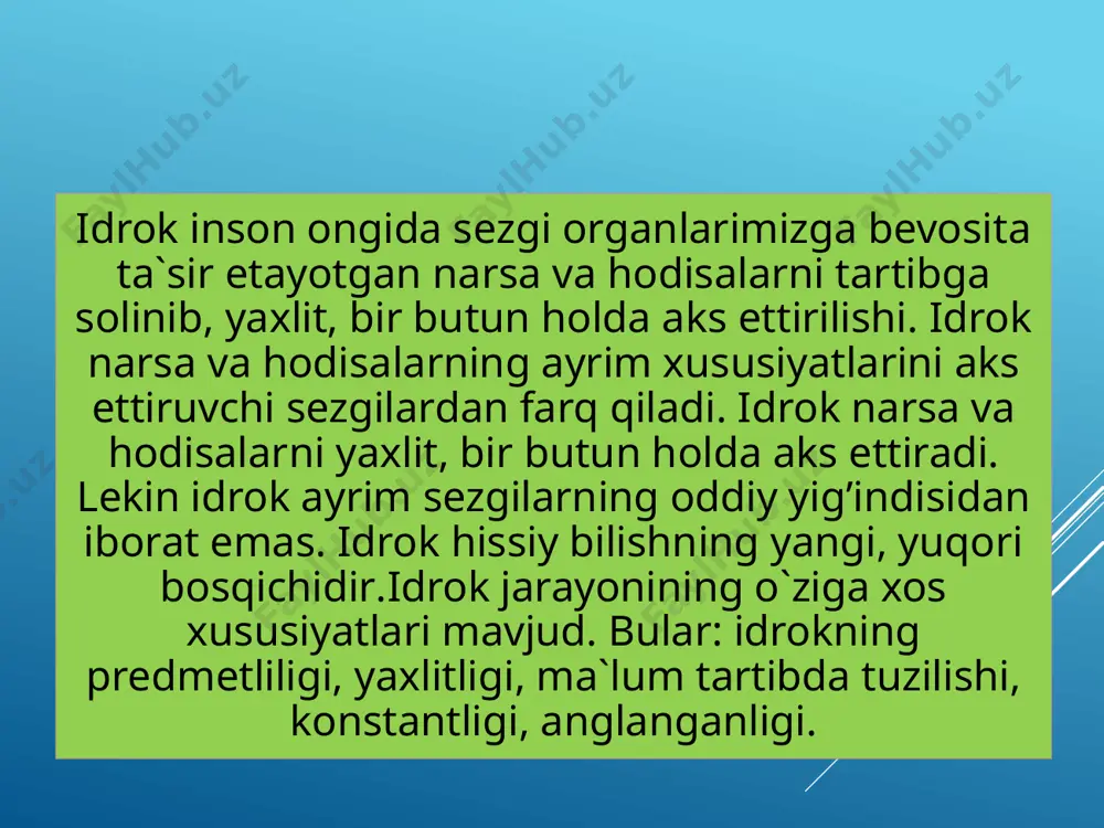 iga bog`liq. odam qancha tajribaga boy bo`lsa, idroki ham shunchalik boy bo`ladi. idrok jarayoni kishining motivlariga, munosabati (ustanovka)ga ham juda bog`liq. mavzu yuzasidan kerakli adabiyotlar ro`yxati. 1). karimova v. m. psixologiya. - t., 2002 2). karimova v. m., akramova f. psixologiya. ma’ruzalarmatni - t., 2000 3). psixologiya. uchebnik. - pod red. a. krilova - m., 1998 4). umumiypsixologiya. a. v. petrovskiy taћririostida. t.1992. 5). gamezo m. v., domashenko i. a. atlas popsixologii. - m.,2004 6). ivanov p.i. zufarova m. “umumiypsixologiya”– t., 2008 7). davletshin m.g., to`ychiyeva s.m. “umumiypsixologiya” t., 2002 y e’tiboringiz uchun raxmat! image1.jpeg image2.png /docprops/thumbnail.jpeg